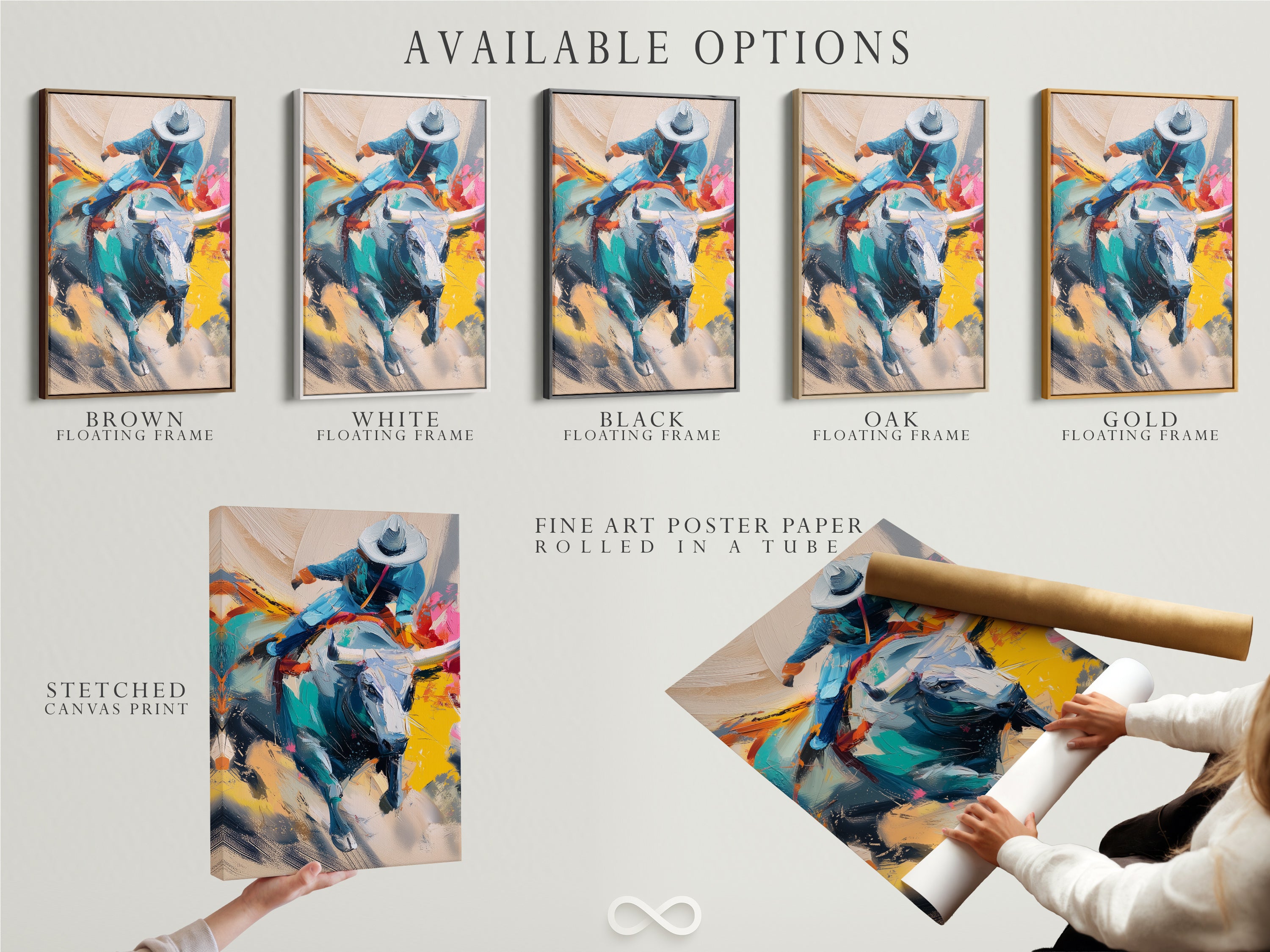 Explore available options for cowboy rodeo canvas art. Choose from a stretched canvas print. Or a fine art poster paper. Or a floating frame. Customize your artwork to fit your style. Create a unique look.