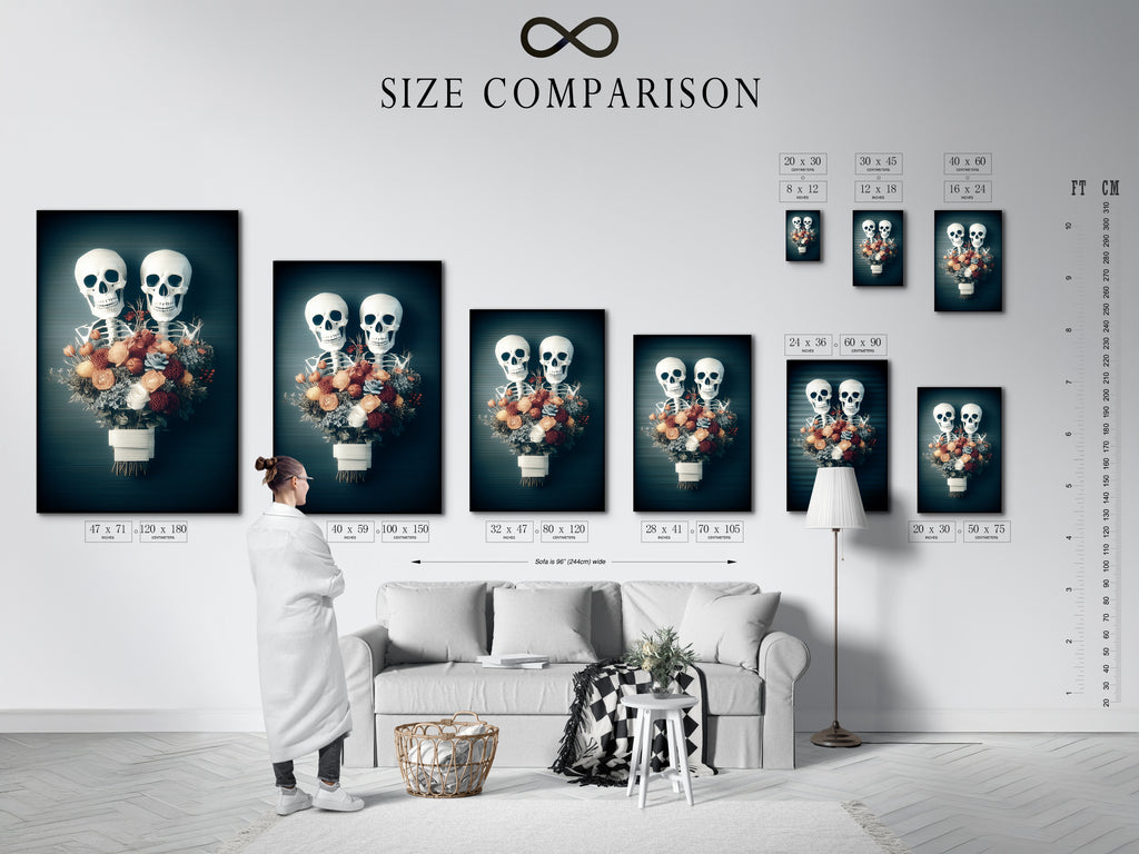 A size comparison chart displayed in an interior setting. It showcases various sizes of the floral skeleton artwork. This chart helps visualize how the artwork will fit in your space. It is available in stretched canvas print fine art poster paper and floating frame options. Perfect for planning your gothic wall art display.
