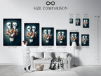 A size comparison chart displayed in an interior setting. It showcases various sizes of the floral skeleton artwork. This chart helps visualize how the artwork will fit in your space. It is available in stretched canvas print fine art poster paper and floating frame options. Perfect for planning your gothic wall art display.