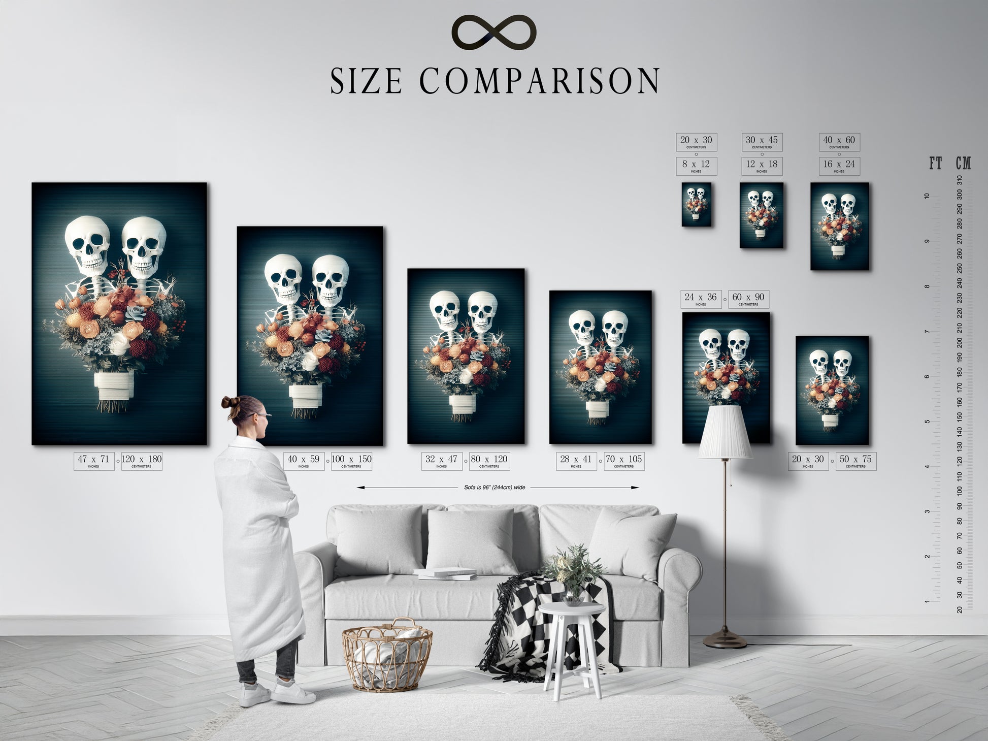 A size comparison chart displayed in an interior setting. It showcases various sizes of the floral skeleton artwork. This chart helps visualize how the artwork will fit in your space. It is available in stretched canvas print fine art poster paper and floating frame options. Perfect for planning your gothic wall art display.