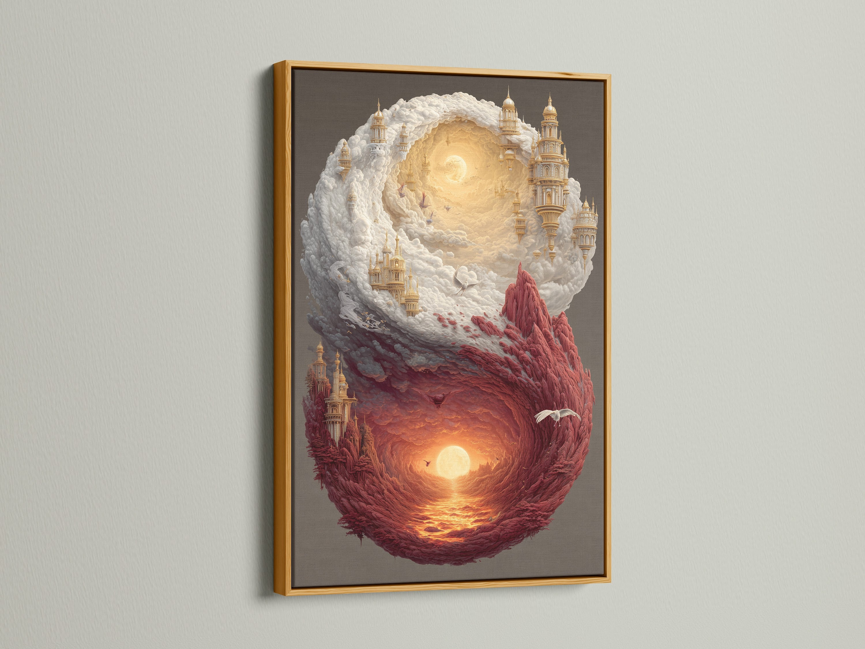 Art print framed in a luxurious gold frame. The artwork showcases a dreamy composition. It combines floating castles with a fiery sunset reflecting on the ocean. The gold frame adds a touch of elegance. It makes the artwork a focal point.