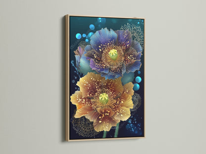 Floral canvas print featuring teal and gold botanical artwork. The print is displayed in an oak frame. This modern flower artwork is perfect for a bedroom. Find this botanical print now!