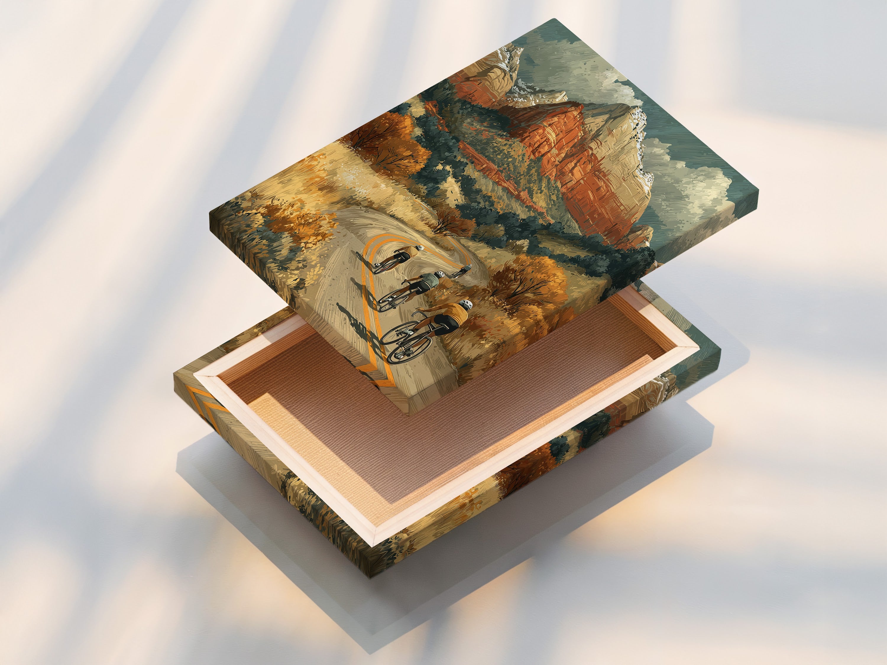 Stretched canvas print of cycling art. This vintage adventure wall art is perfect for any room. The desert landscape poster is great for home or office decor. The style is mid-century with brown and beige.