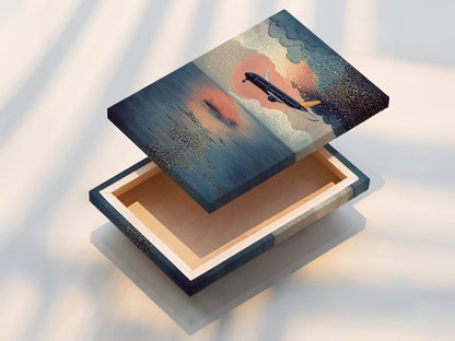 This stretched canvas print showcases a beautiful airplane artwork. The sunset flight wall art is perfect for any room. Add a touch of coastal style to your home decor. This modern print is a great conversation starter.