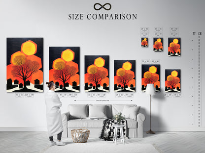 Size comparison chart in an interior setting. See how the abstract tree art fits in your space. Visualize different sizes for the perfect modern wall decor. Find the ideal geometric prints for your home.
