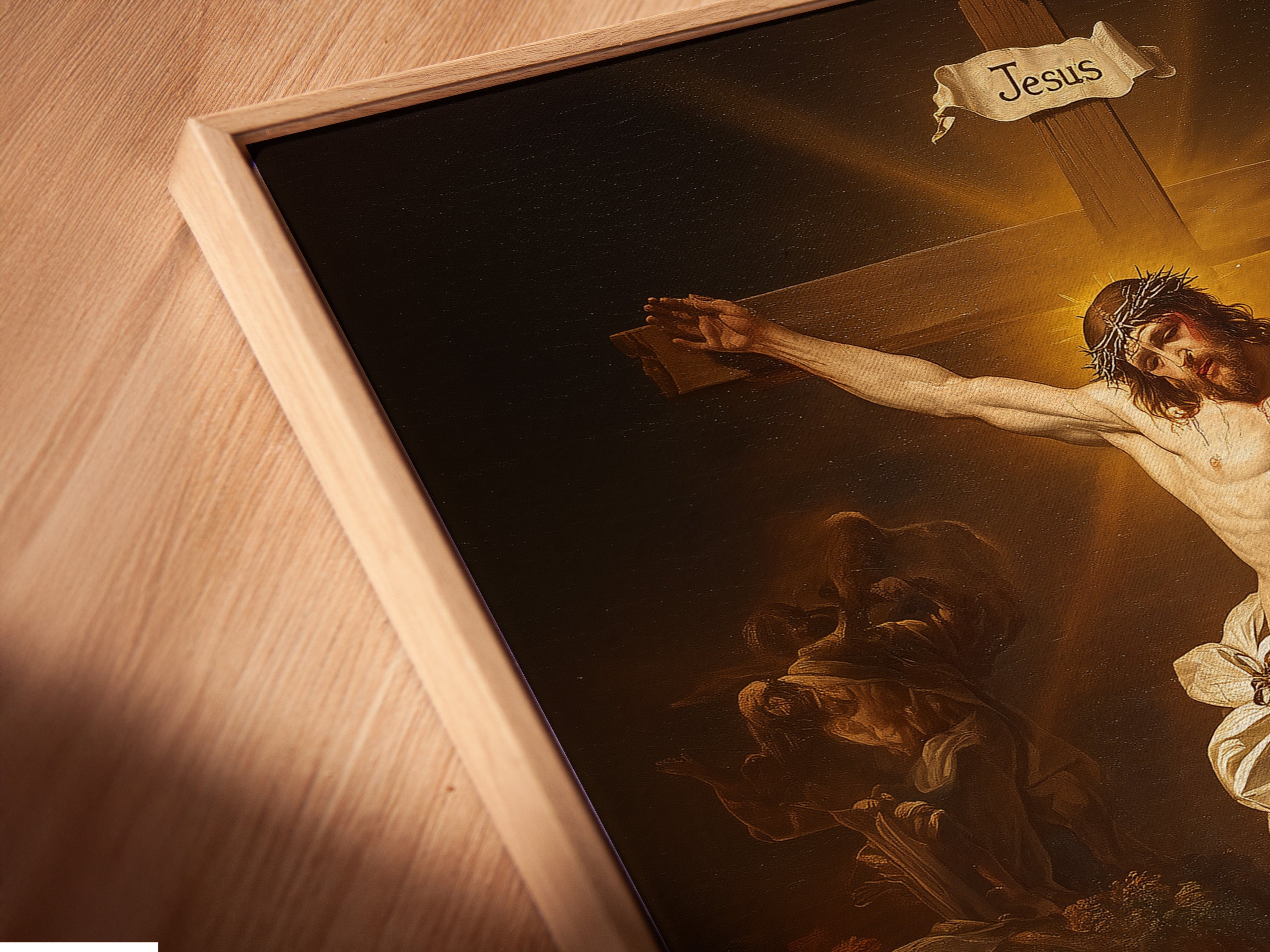 An angled close-up reveals a canvas print in a floating frame. The frameless effect highlights the artwork's edges. A modern and contemporary way to display art. Add depth and dimension to your walls. Showcase your canvas prints with this stylish option.