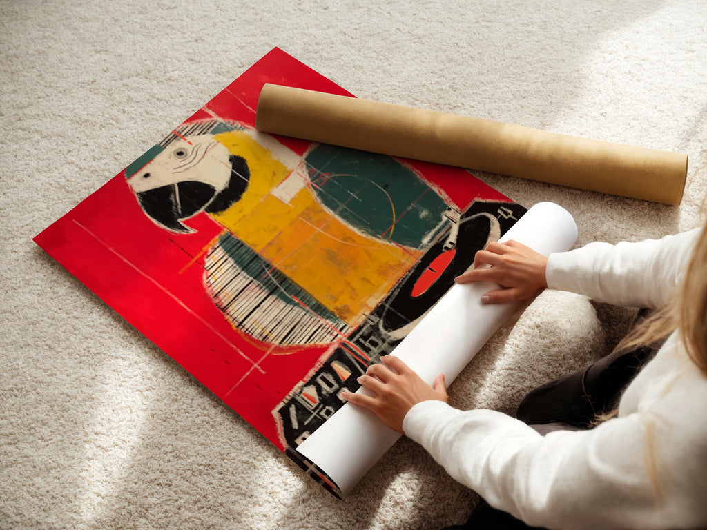 A woman is carefully rolling a fine art poster paper. This shows the care taken in handling delicate art prints. The parrot art will be preserved. Fine art paper ensures high quality. Experience quality with every print.