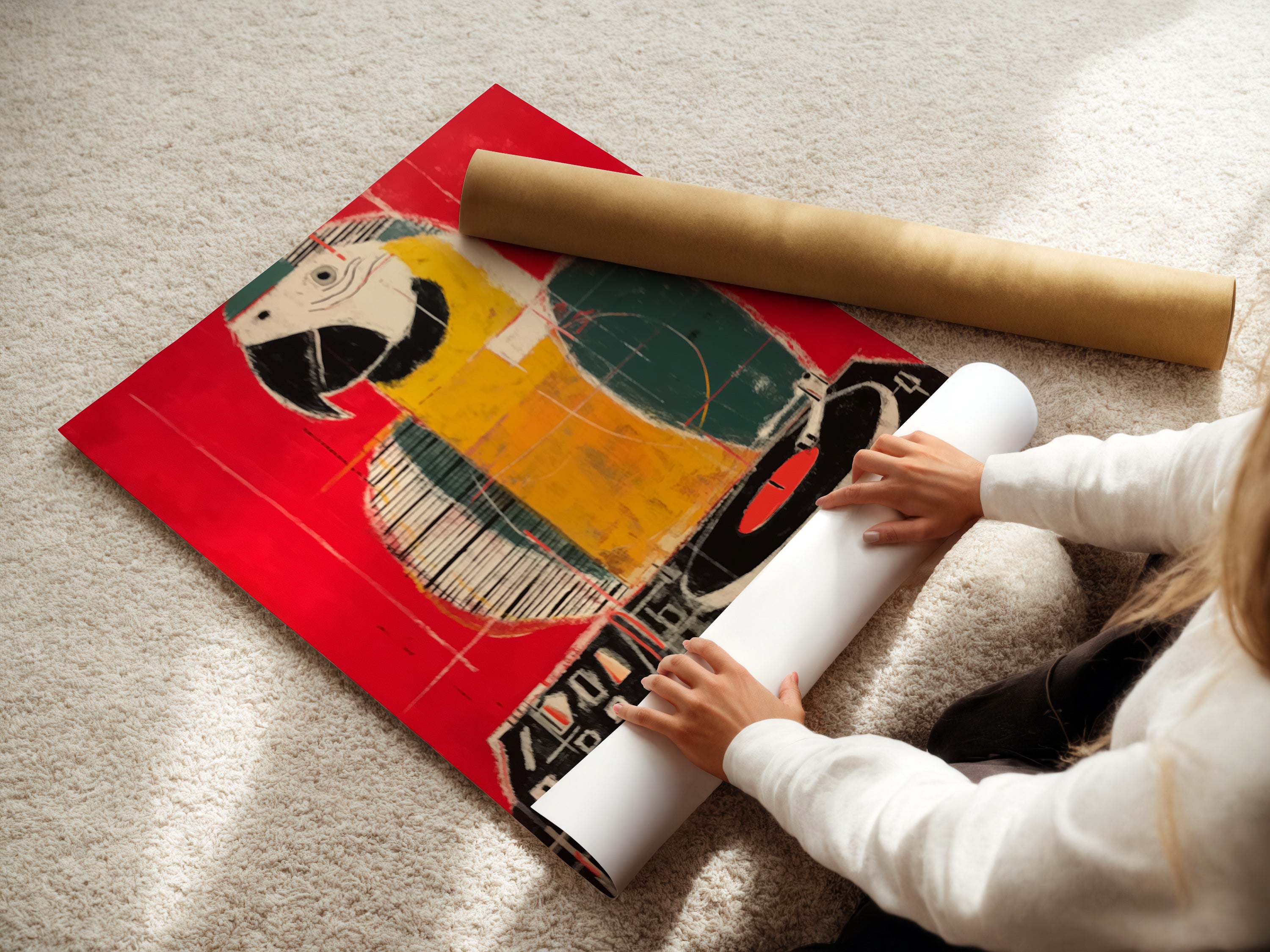 A woman is carefully rolling a fine art poster paper. This shows the care taken in handling delicate art prints. The parrot art will be preserved. Fine art paper ensures high quality. Experience quality with every print.