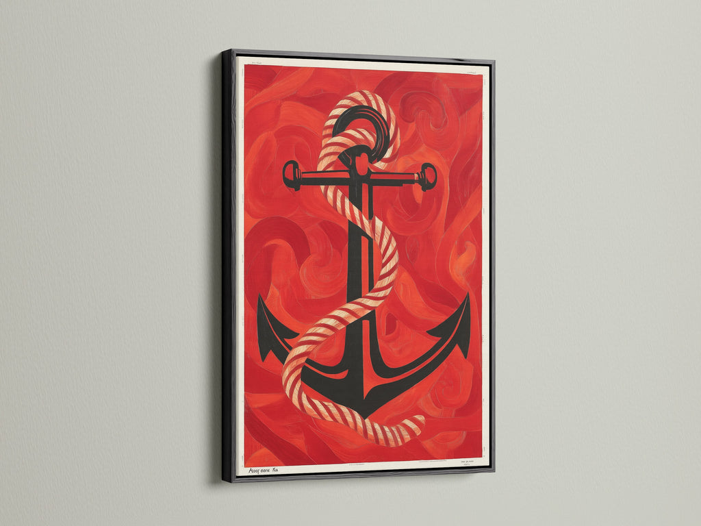 Red Ocean Nautical Anchor Print in a Black Frame. The maritime wall decor enhances coastal homes. This sailor gift adds a touch of the sea. The vintage anchor art is striking. A bold piece of ocean artwork. Ideal for a beach house or navy themed space.