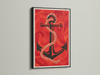 Red Ocean Nautical Anchor Print in a Black Frame. The maritime wall decor enhances coastal homes. This sailor gift adds a touch of the sea. The vintage anchor art is striking. A bold piece of ocean artwork. Ideal for a beach house or navy themed space.