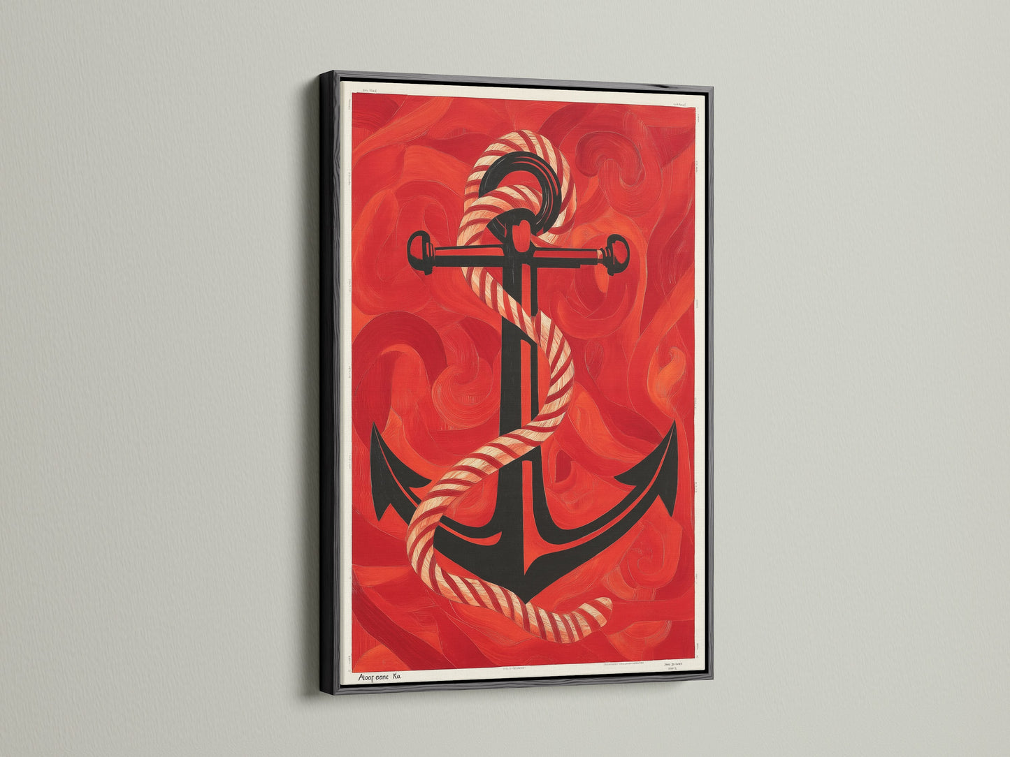 Red Ocean Nautical Anchor Print in a Black Frame. The maritime wall decor enhances coastal homes. This sailor gift adds a touch of the sea. The vintage anchor art is striking. A bold piece of ocean artwork. Ideal for a beach house or navy themed space.
