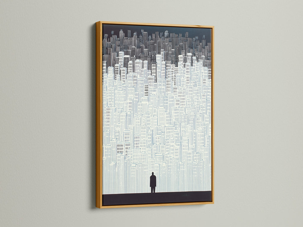 The cityscape artwork is beautifully displayed in a gold frame. The gold frame adds a touch of luxury. Perfect for elevating any room's decor. This minimalist building wall art is a statement piece. The urban silhouette poster complements modern art.