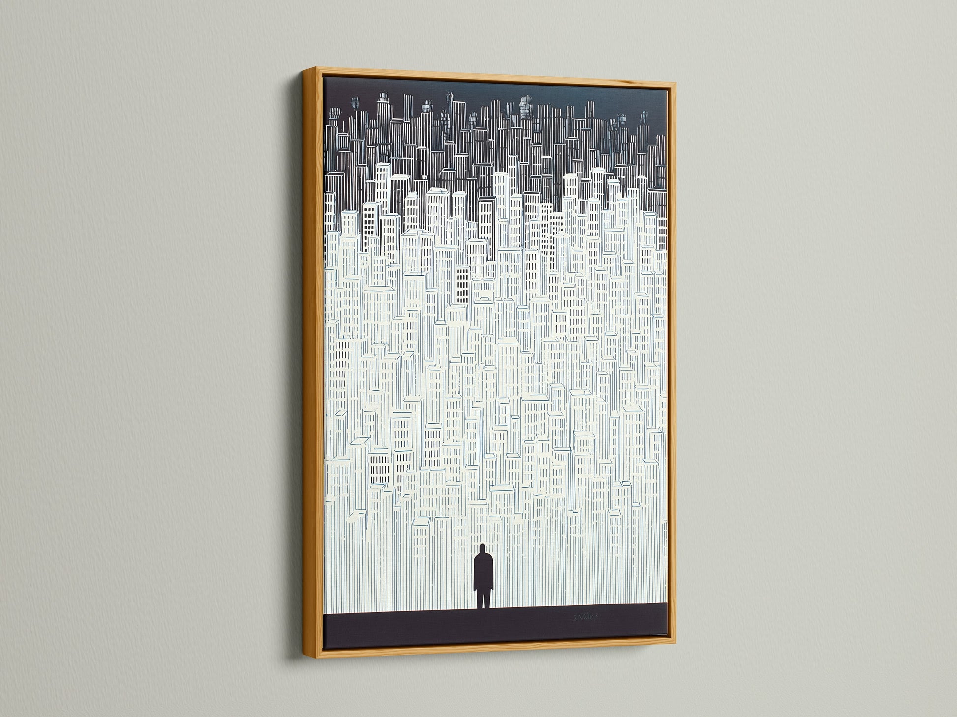 The cityscape artwork is beautifully displayed in a gold frame. The gold frame adds a touch of luxury. Perfect for elevating any room's decor. This minimalist building wall art is a statement piece. The urban silhouette poster complements modern art.