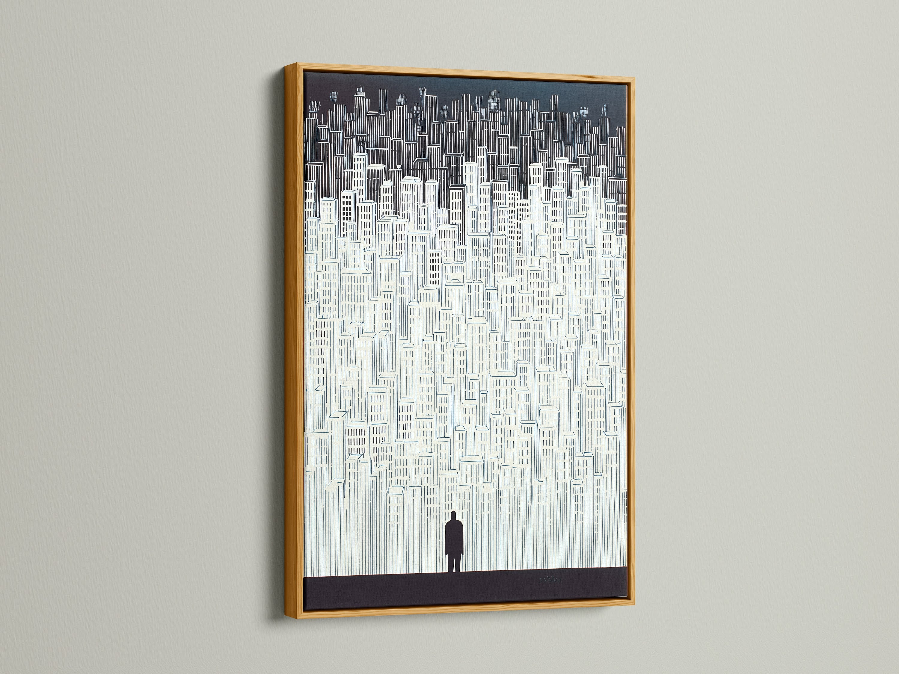 The cityscape artwork is beautifully displayed in a gold frame. The gold frame adds a touch of luxury. Perfect for elevating any room's decor. This minimalist building wall art is a statement piece. The urban silhouette poster complements modern art.