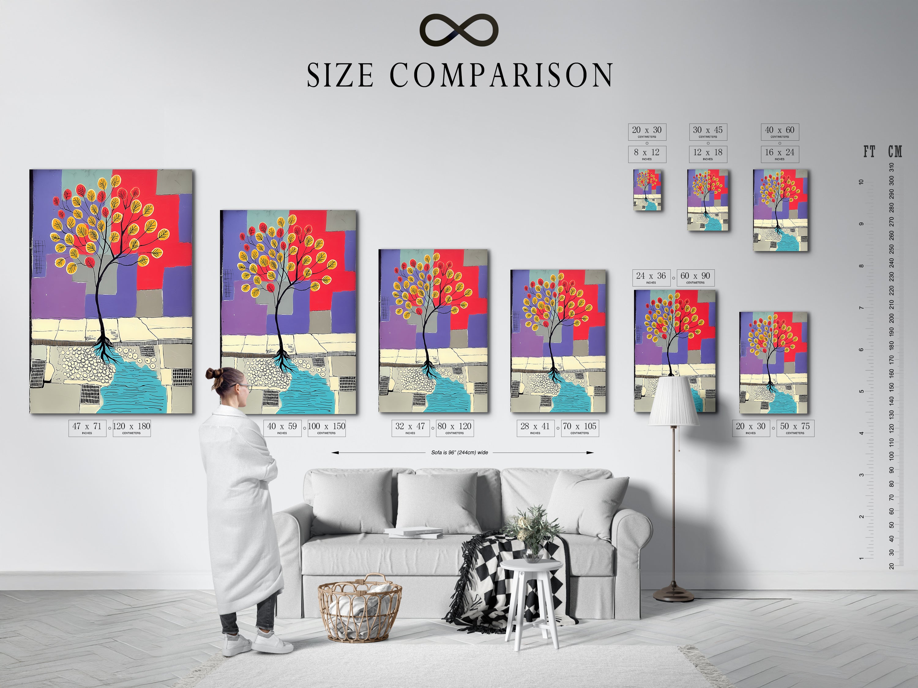 Size comparison chart in an interior setting. See how different sizes of the artwork fit in various spaces. This chart helps you visualize the perfect fit for your home or office. Choose the ideal size for your abstract tree art. Plan your wall decor effectively.