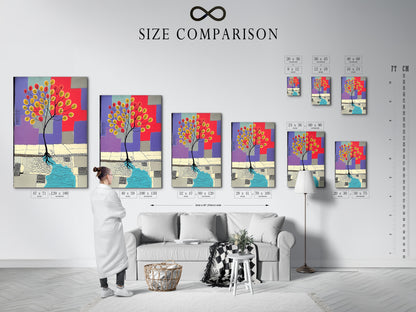 Size comparison chart in an interior setting. See how different sizes of the artwork fit in various spaces. This chart helps you visualize the perfect fit for your home or office. Choose the ideal size for your abstract tree art. Plan your wall decor effectively.