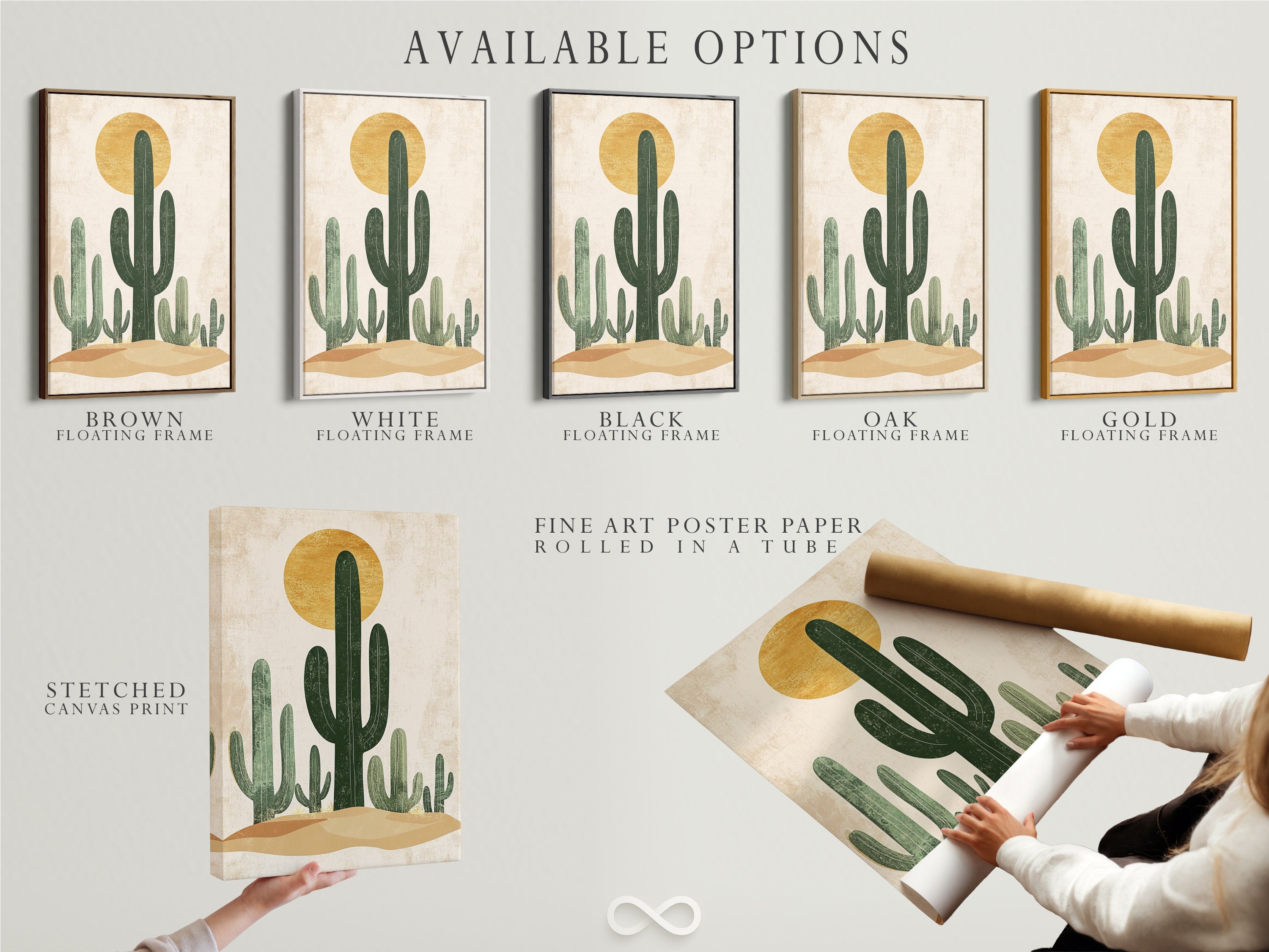 Explore the available options for this desert landscape artwork. Choose from a stretched canvas print fine art poster paper or a floating frame. Each option offers a unique way to display the art. Select the perfect format to suit your taste. Transform your space with beautiful art today.