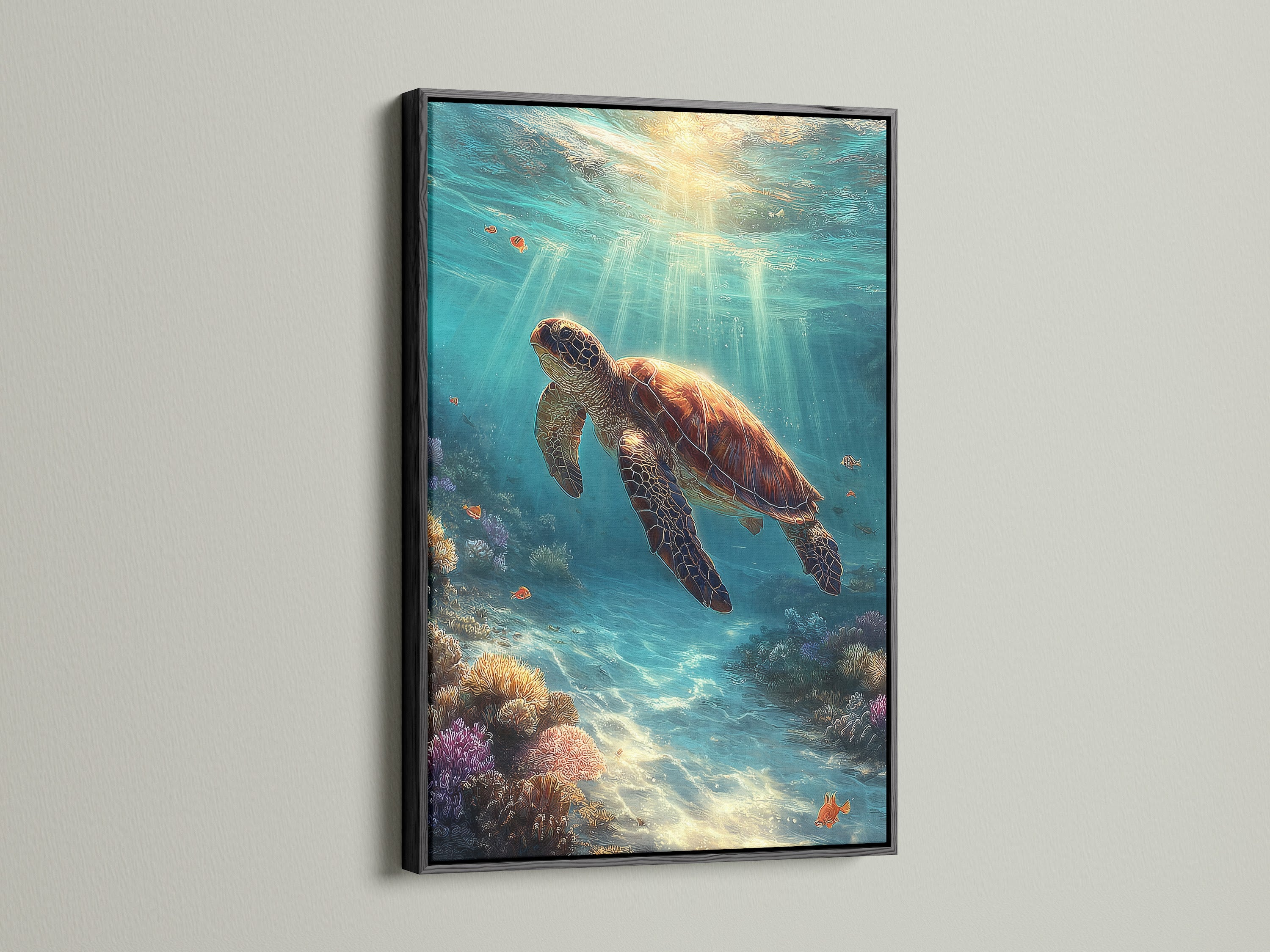 The black frame offers a striking contrast to the sea turtle artwork. This ocean wall art is a bold statement piece. It's perfect for modern coastal or nautical art themes. Enhance your space with this beautiful turtle canvas.