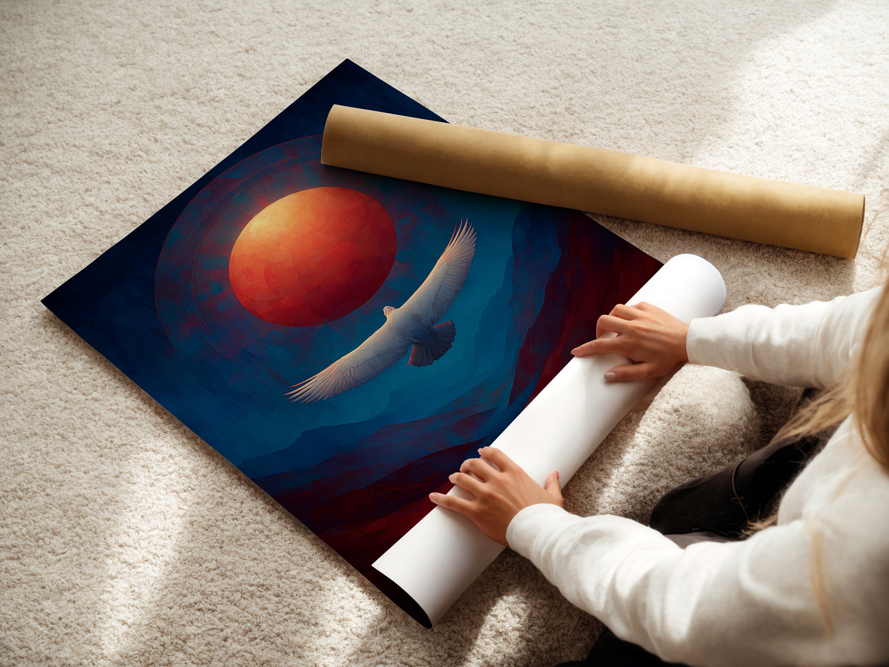 A woman is carefully rolling a fine art poster paper featuring eagle sunset canvas art. The spiritual bird artwork is ready to be framed. Perfect for creating high-quality prints for your home or office. Discover the beauty of our mountain landscape prints