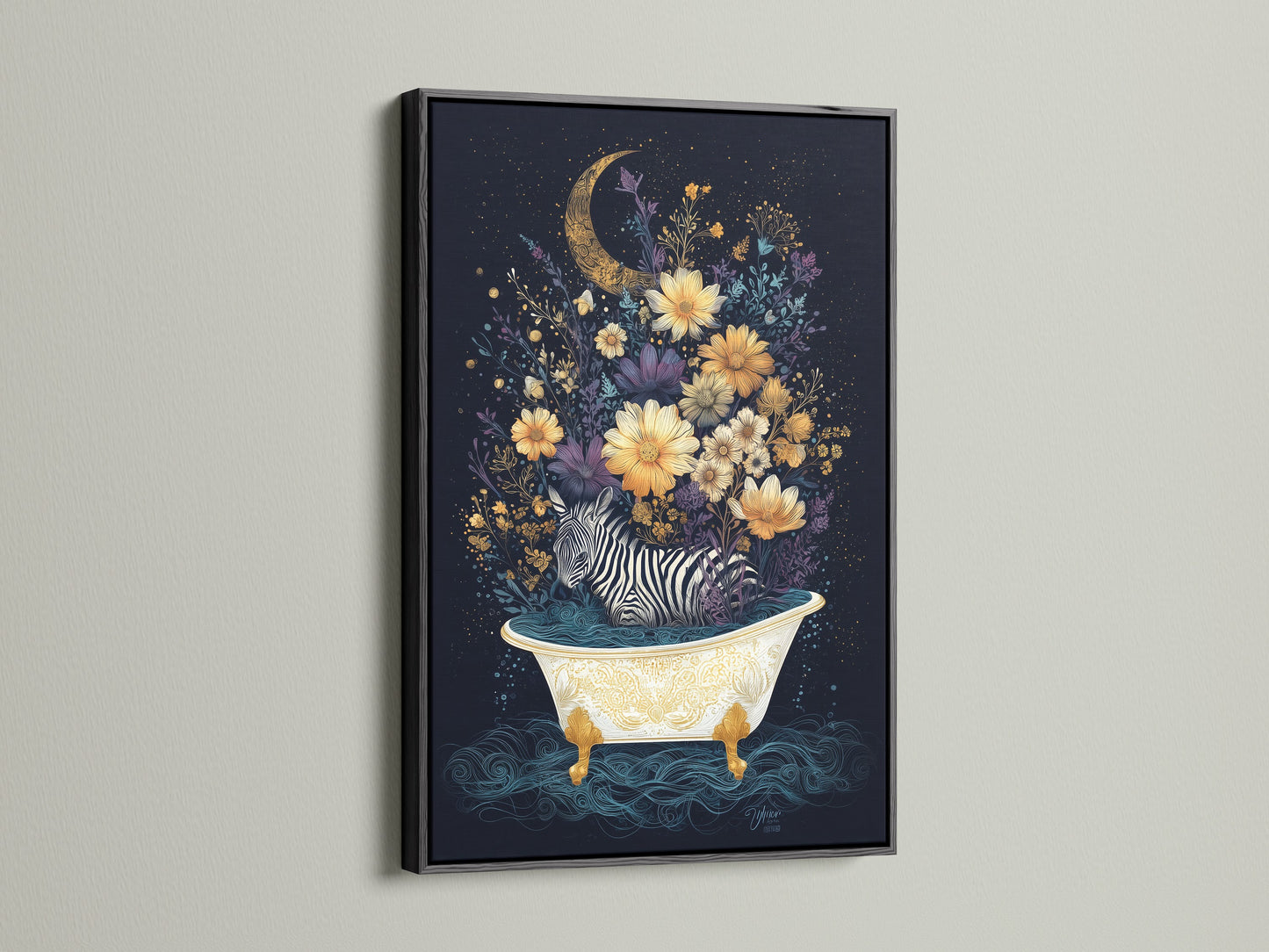 A zebra takes a bath in this whimsical artwork. Floral moon art adds a touch of magic. The artwork is framed in a black frame. This zebra art is ideal for adding a unique conversation starter to your living room. Explore animal art prints for your home.