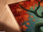 Close up angled view of a canvas print in a floating frame. The Japanese style Autumn Tree art features teal and orange hues. Ideal fall foliage print for nature home decor. It enhances any space with a calming zen atmosphere.
