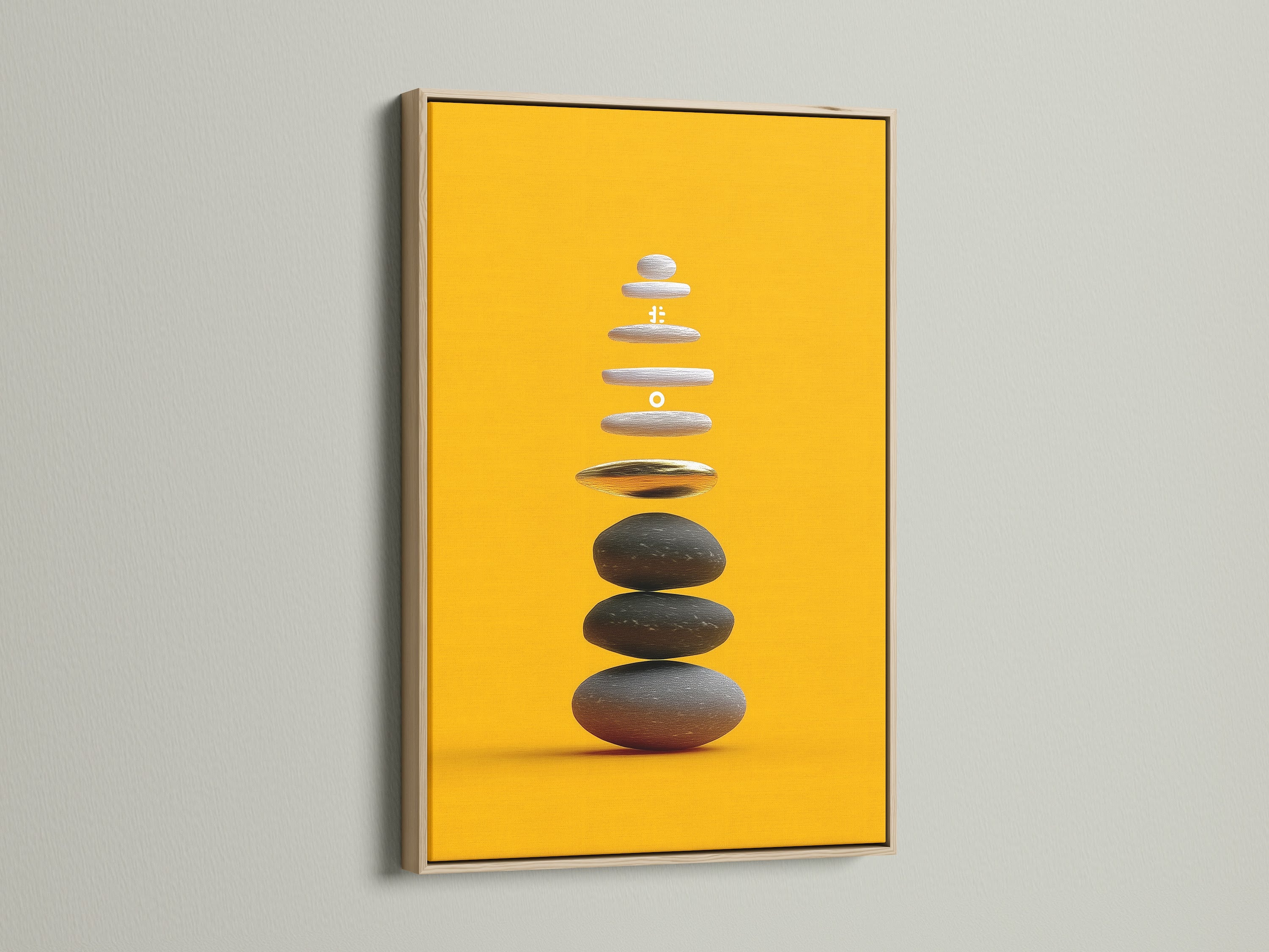 Zen Stone Canvas Print in an Oak Frame. This calming art print is ideal for creating a peaceful environment. The balancing stones wall art adds a touch of serenity to any space. A spiritual artwork.