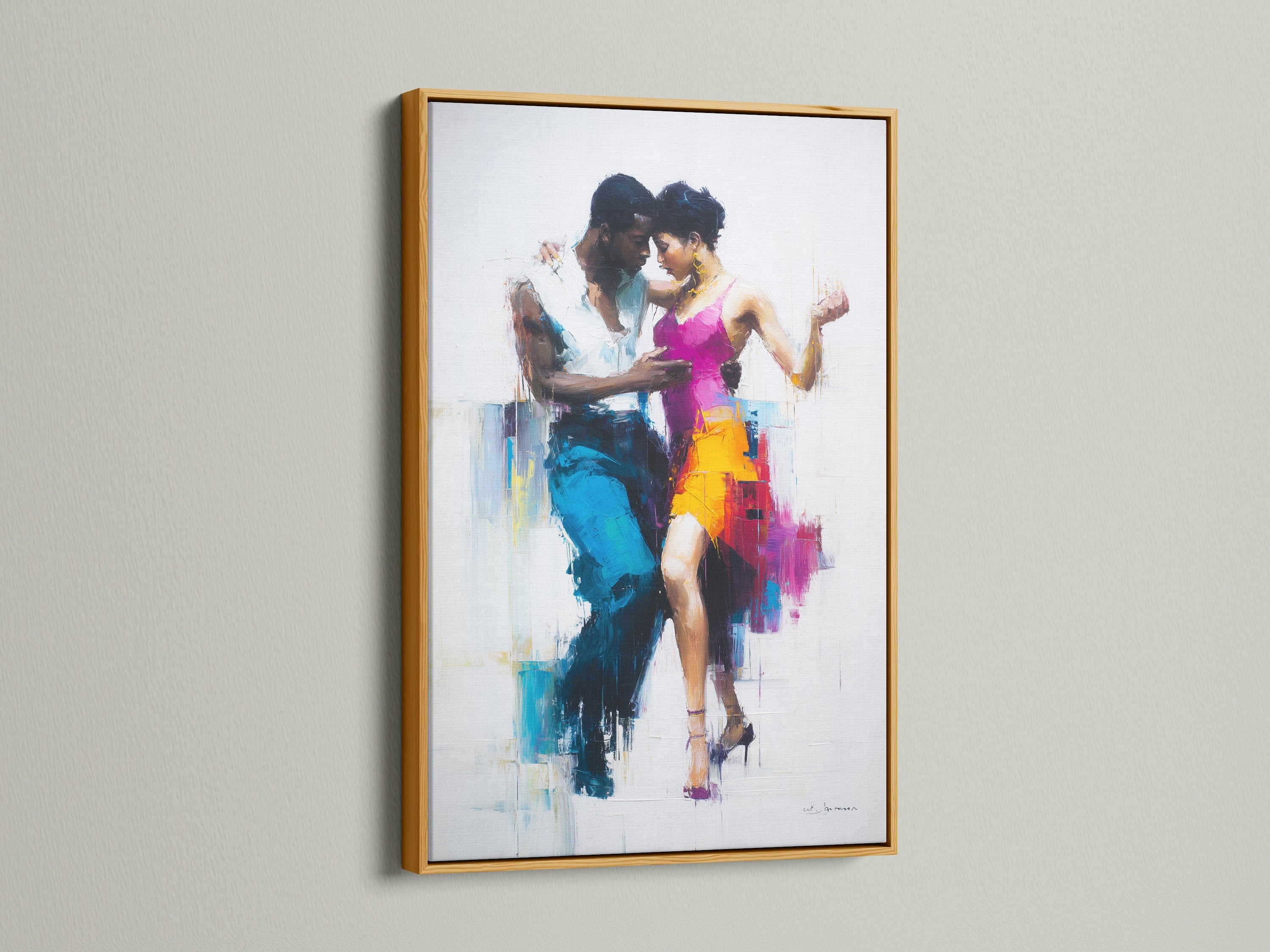 The artwork features a gold frame. The art is of a couple in motion. The gold frame adds a touch of luxury. It gives a glamorous border. The art becomes a statement piece. The colors shine within the gold. The dancers exude charm. This piece elevates the style of any room.