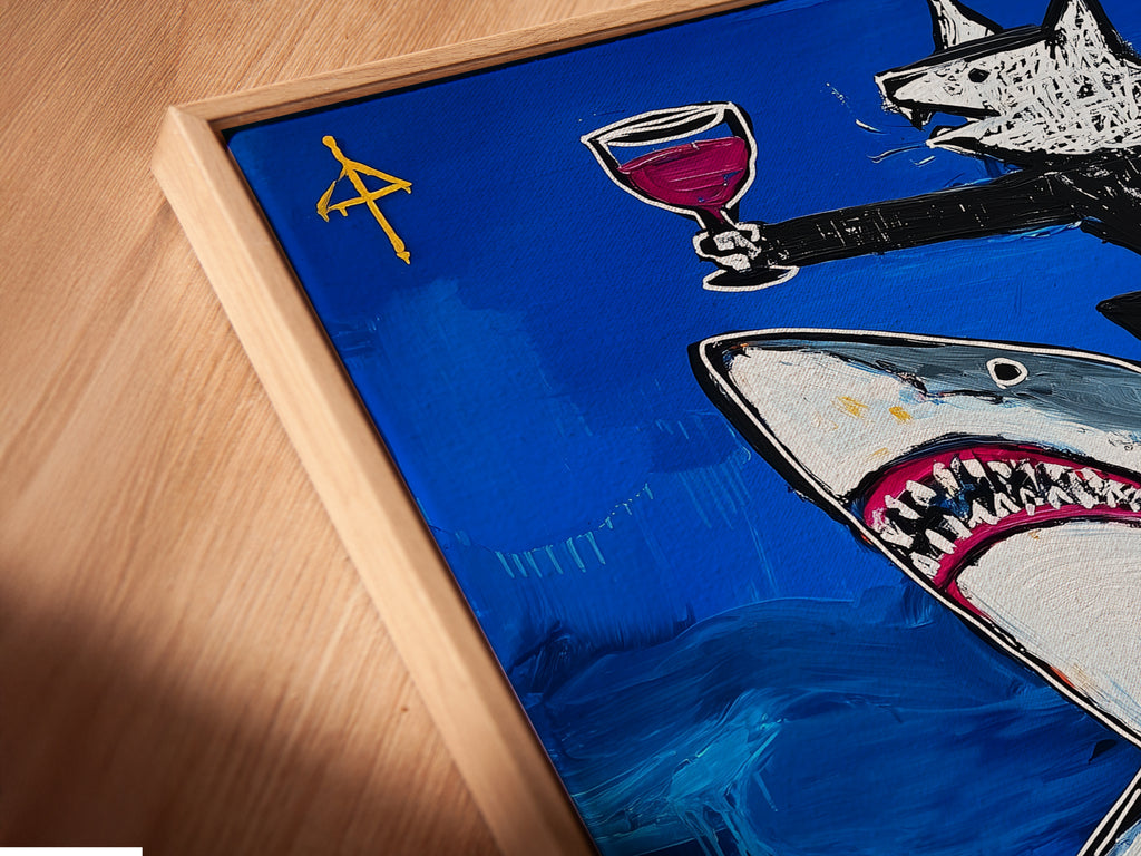 Close up angled view of a canvas print in a floating frame. The shark artwork is a contemporary marine piece. The floating frame adds depth and style. Perfect for modern wall decor. This blue abstract art enhances any room.