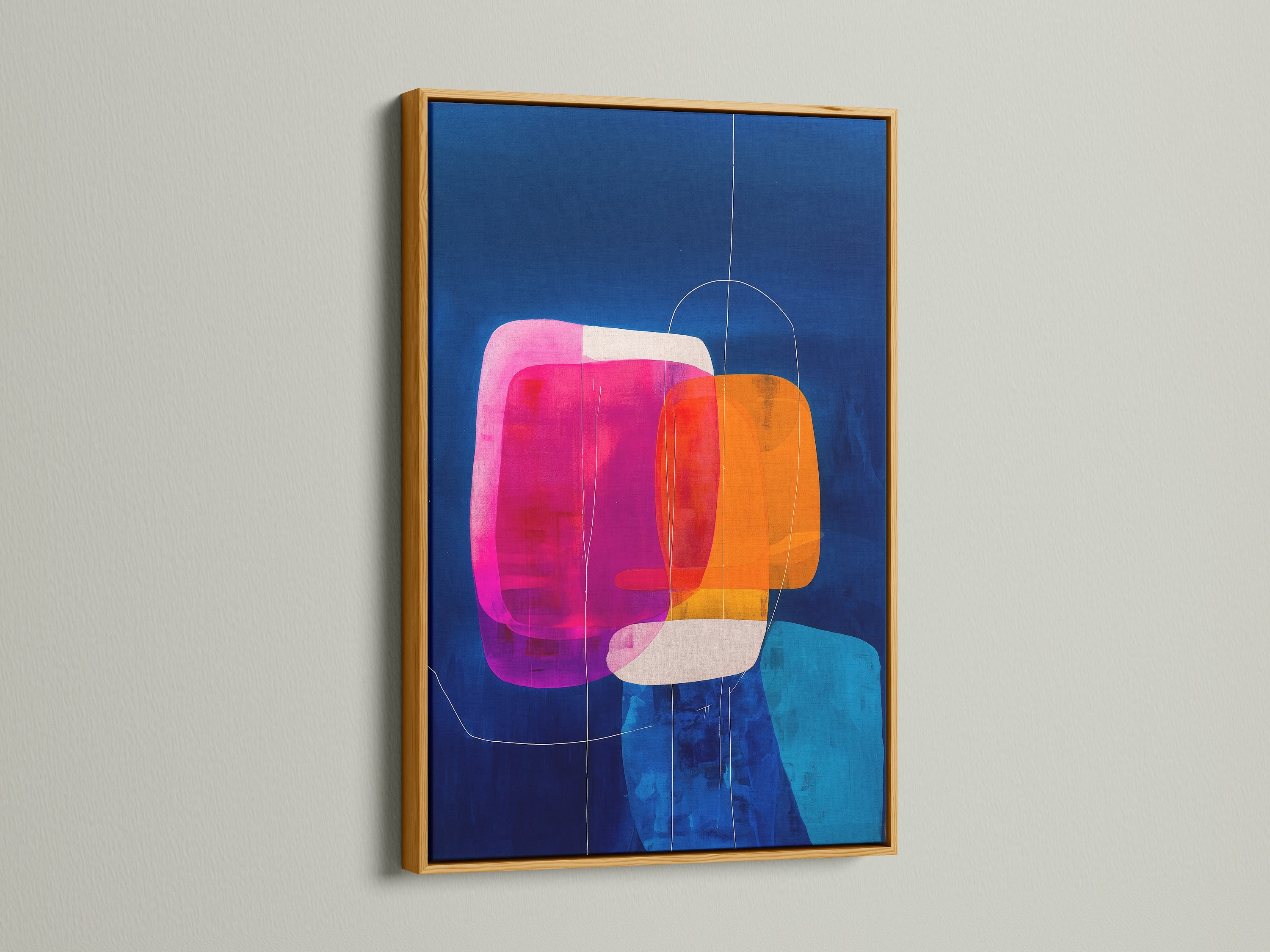 Abstract geometric artwork is elegantly displayed in a gold frame. This modern colorful print features blue orange and pink shades. It adds a touch of sophistication to any room. Enhance your wall decor with this vibrant art print