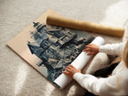 A woman is carefully rolling a fine art poster paper. It features coastal architecture and a beautiful ocean view. This high-quality poster paper ensures the artwork looks its best. It is ideal for framing or displaying as is.
