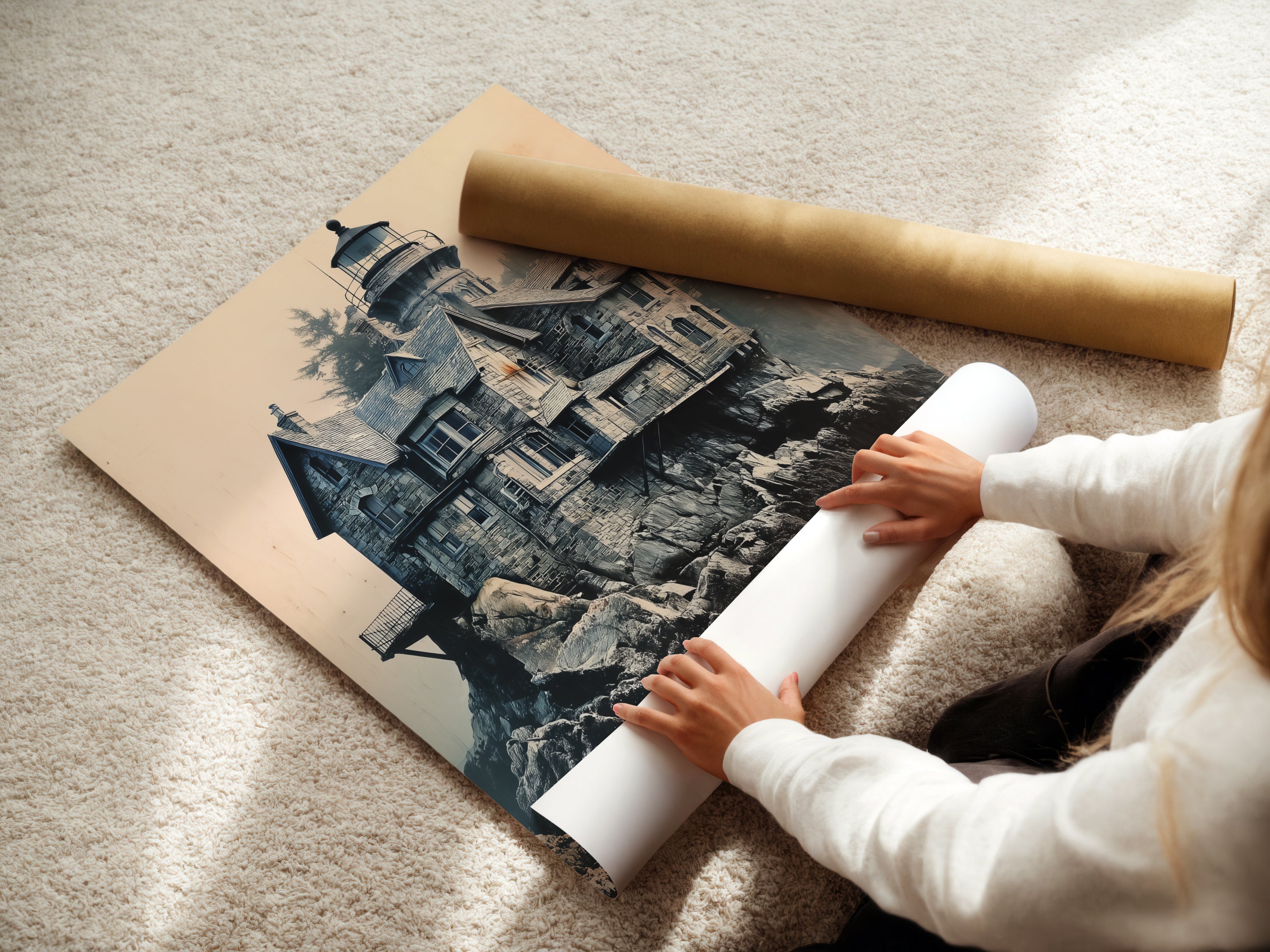 A woman is carefully rolling a fine art poster paper. It features coastal architecture and a beautiful ocean view. This high-quality poster paper ensures the artwork looks its best. It is ideal for framing or displaying as is.