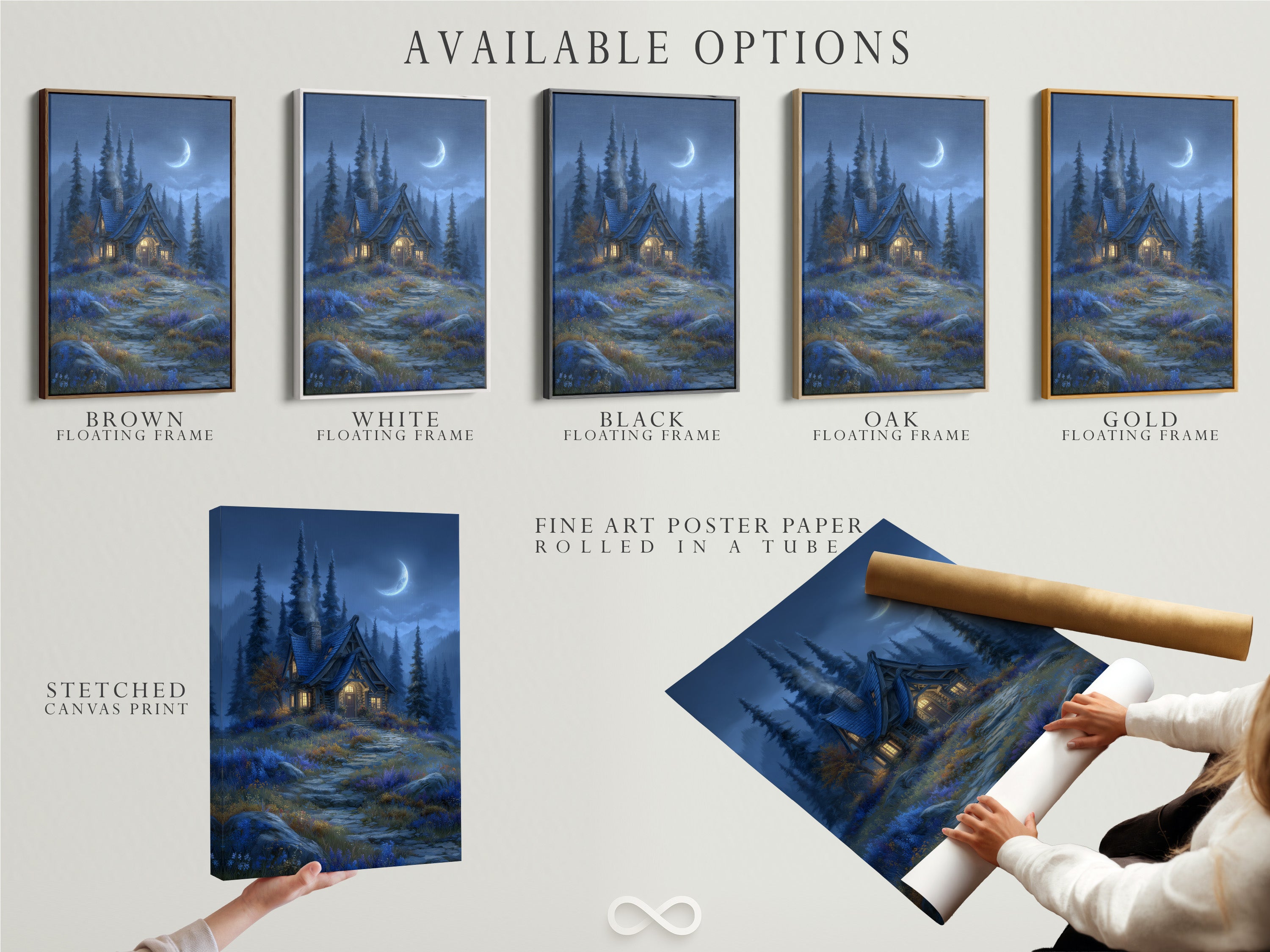 Available options for the Moonlit Cottage artwork are displayed. Choose from a stretched canvas print or fine art poster paper. Consider a floating frame for an elevated look. Enhance your woodland cottage.