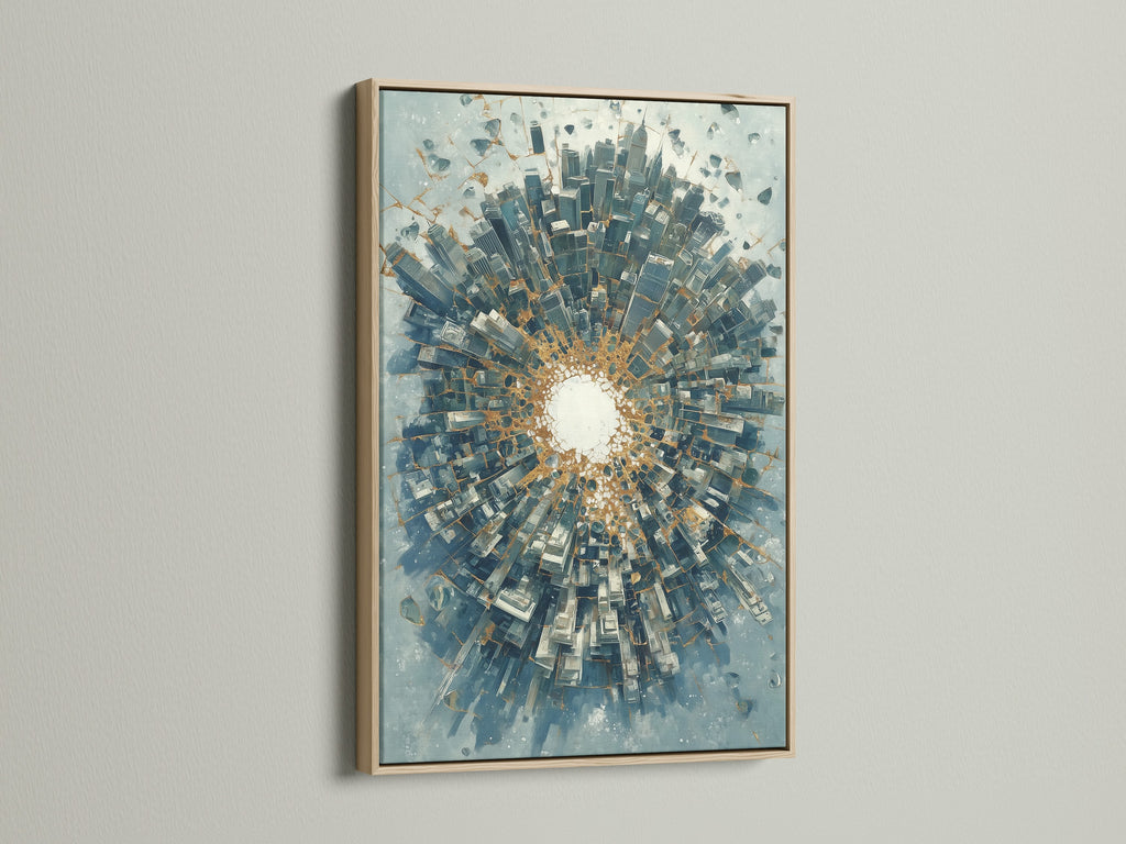 Abstract cityscape artwork in an oak frame. This urban art print features a modern canvas. The blue and gold colors add a touch of sophistication. Ideal wall decor for a contemporary space. The oak frame enhances the artwork's appeal.