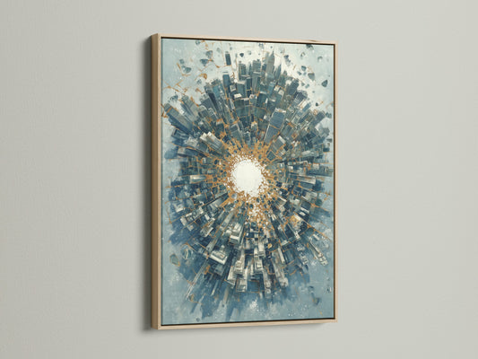 Abstract cityscape artwork in an oak frame. This urban art print features a modern canvas. The blue and gold colors add a touch of sophistication. Ideal wall decor for a contemporary space. The oak frame enhances the artwork's appeal.