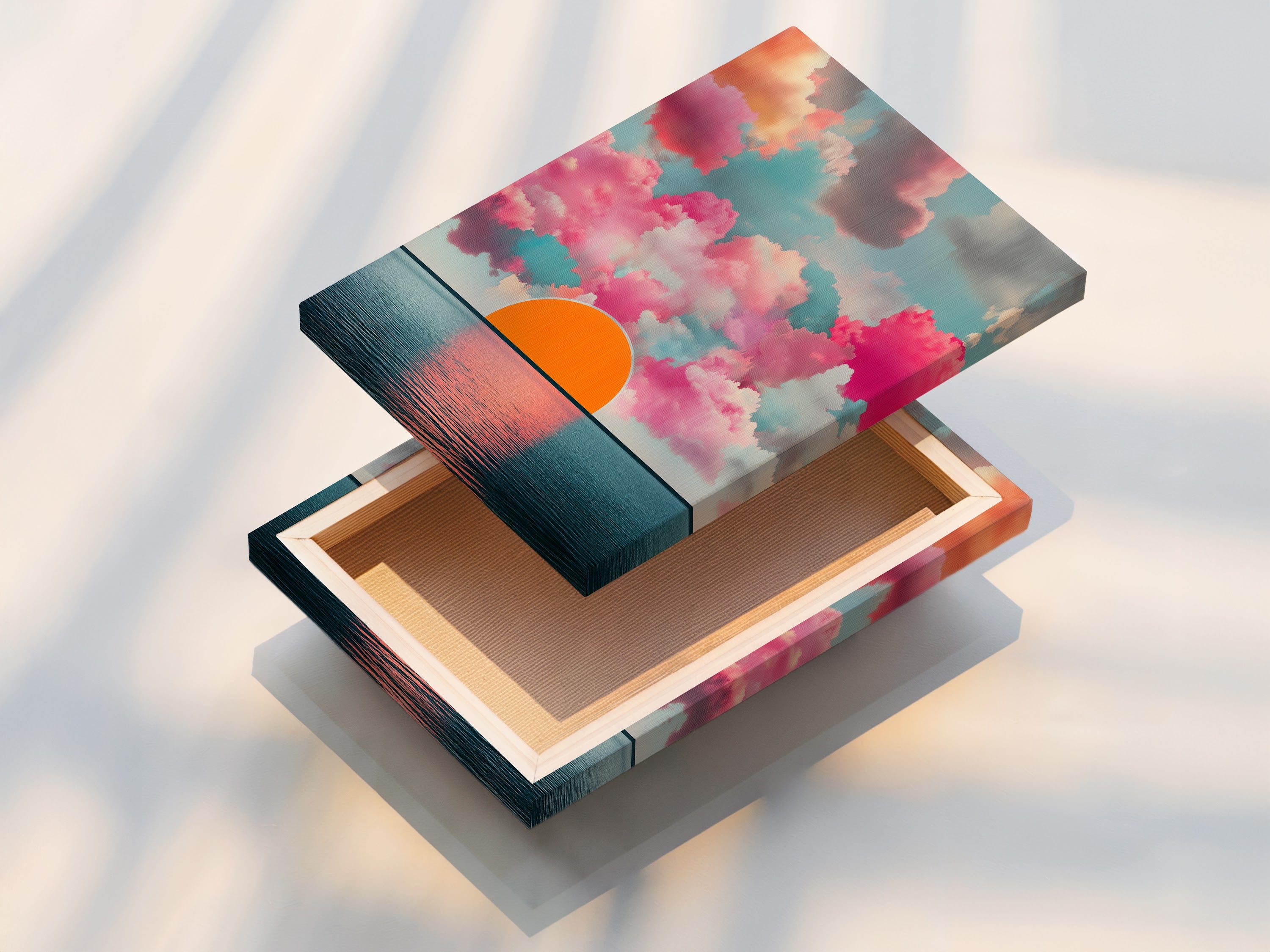 This is a stretched canvas print of the Sunset Clouds artwork. The abstract seascape wall art is ready to hang. The modern sky artwork enhances any living space. The stretched canvas provides a clean and contemporary look. Perfect for home or office.