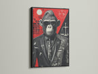 Cool Gorilla Art Print in a black frame. The art features a monkey dressed as a lawyer. The red and black artwork creates a visually striking piece. Great for a lawyer's office or home office