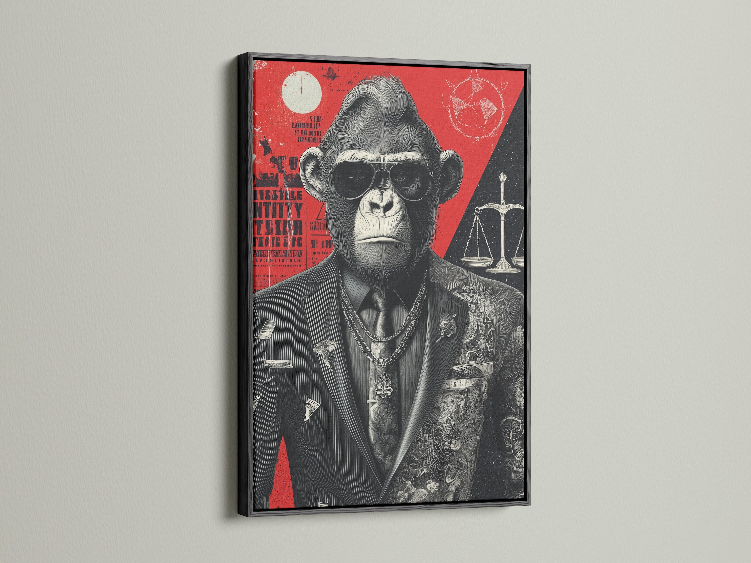 Cool Gorilla Art Print in a black frame. The art features a monkey dressed as a lawyer. The red and black artwork creates a visually striking piece. Great for a lawyer's office or home office