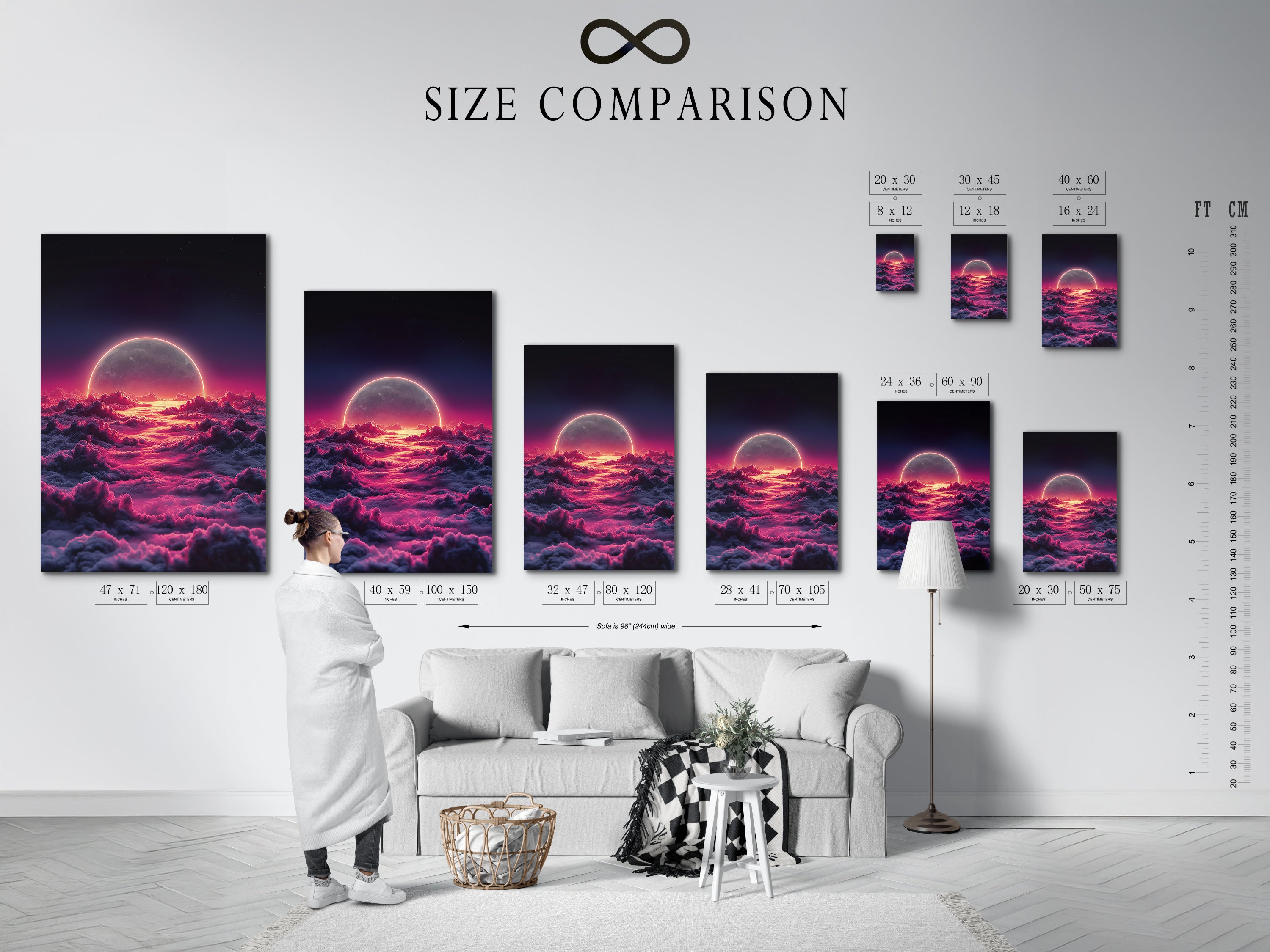A size comparison chart is displayed in an interior setting. This chart shows various sizes of celestial moon artwork. Options include canvas prints and fine art posters. Find the perfect fit for your space. Enhance your modern wall decor.