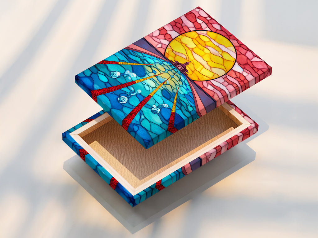 A stretched canvas print of Stained Glass Ocean Artwork. This underwater temple canvas print is ready to hang. The mosaic wall art is stretched for a clean look. It is ideal for living room wall art.