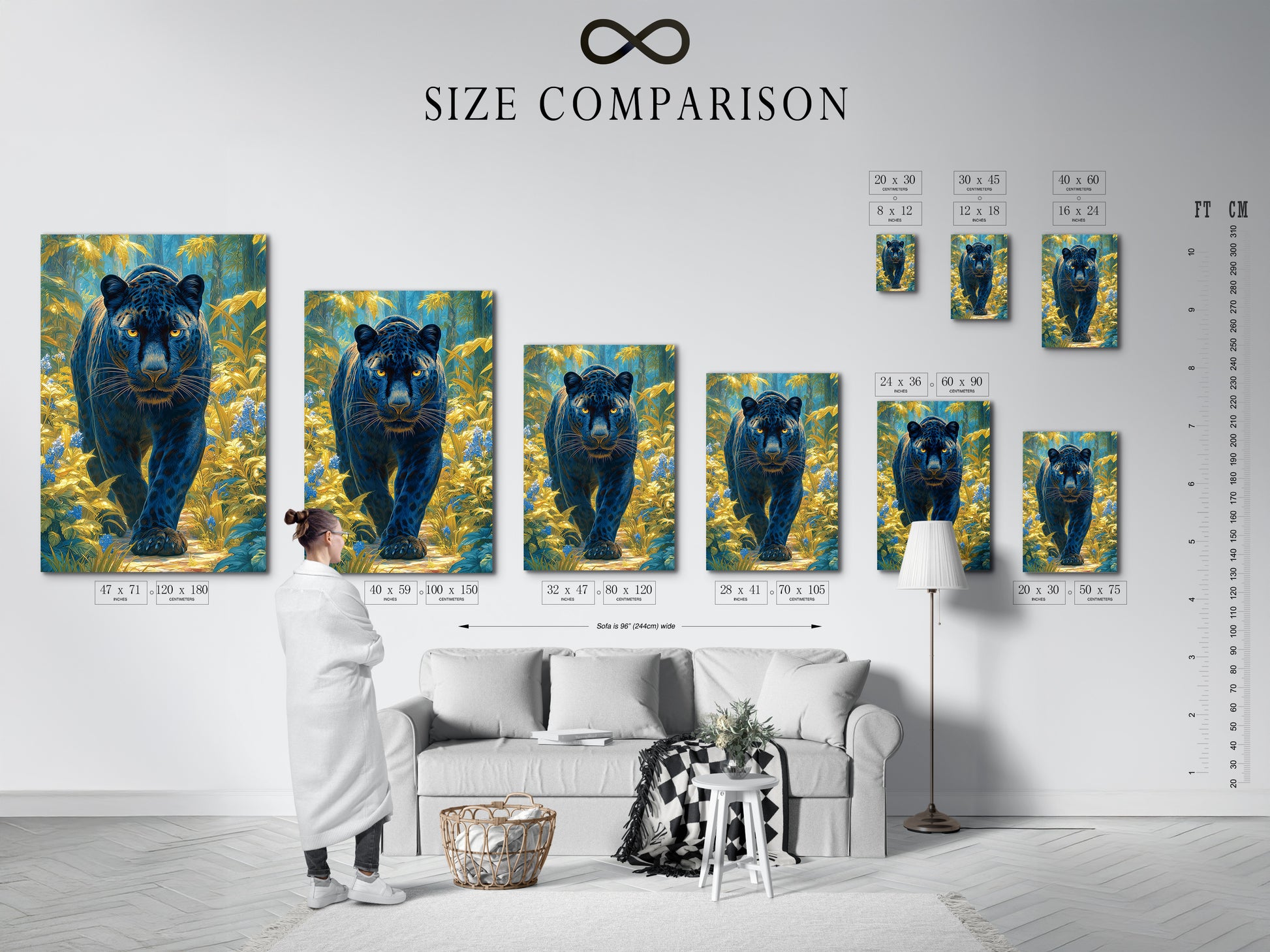 Size comparison chart in an interior setting featuring the Black Panther artwork. See how the animal artwork looks in different sizes. The teal and gold colors complement any room. Find the perfect size for your jungle canvas. Choose the right panther art.