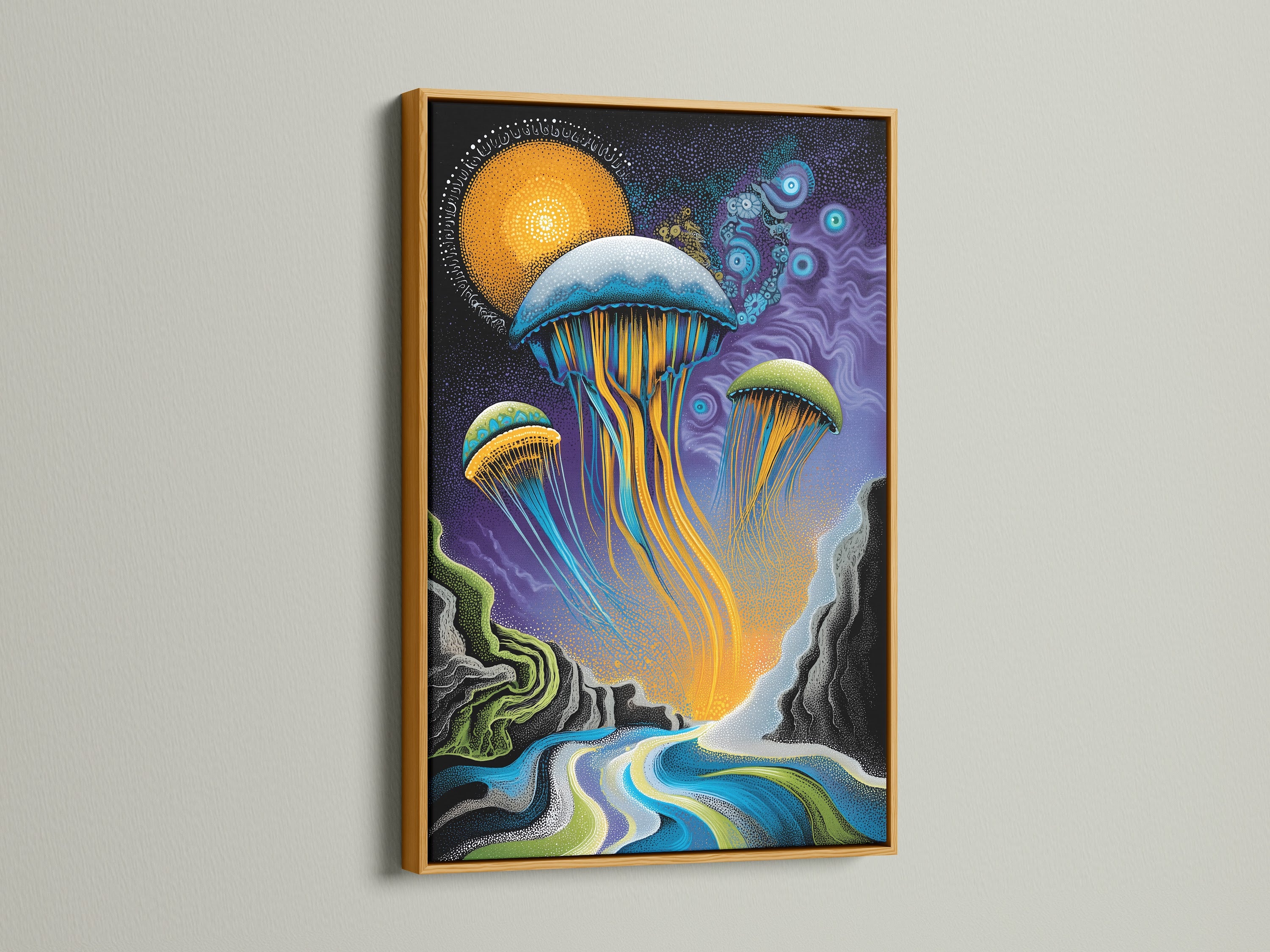 The jellyfish artwork is beautifully displayed in a gold frame. This ocean canvas adds a touch of luxury to your home. The surreal wall art enhances your living space. The blue and gold tones create an elegant ambiance. Perfect for adding a sophisticated coastal element. This marine artwork is a true masterpiece.