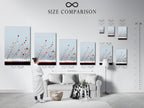 A size comparison chart in an interior setting. The chart helps visualize artwork dimensions. This is perfect for planning your space. Use our size guide to find the ideal artwork. Make informed choices.