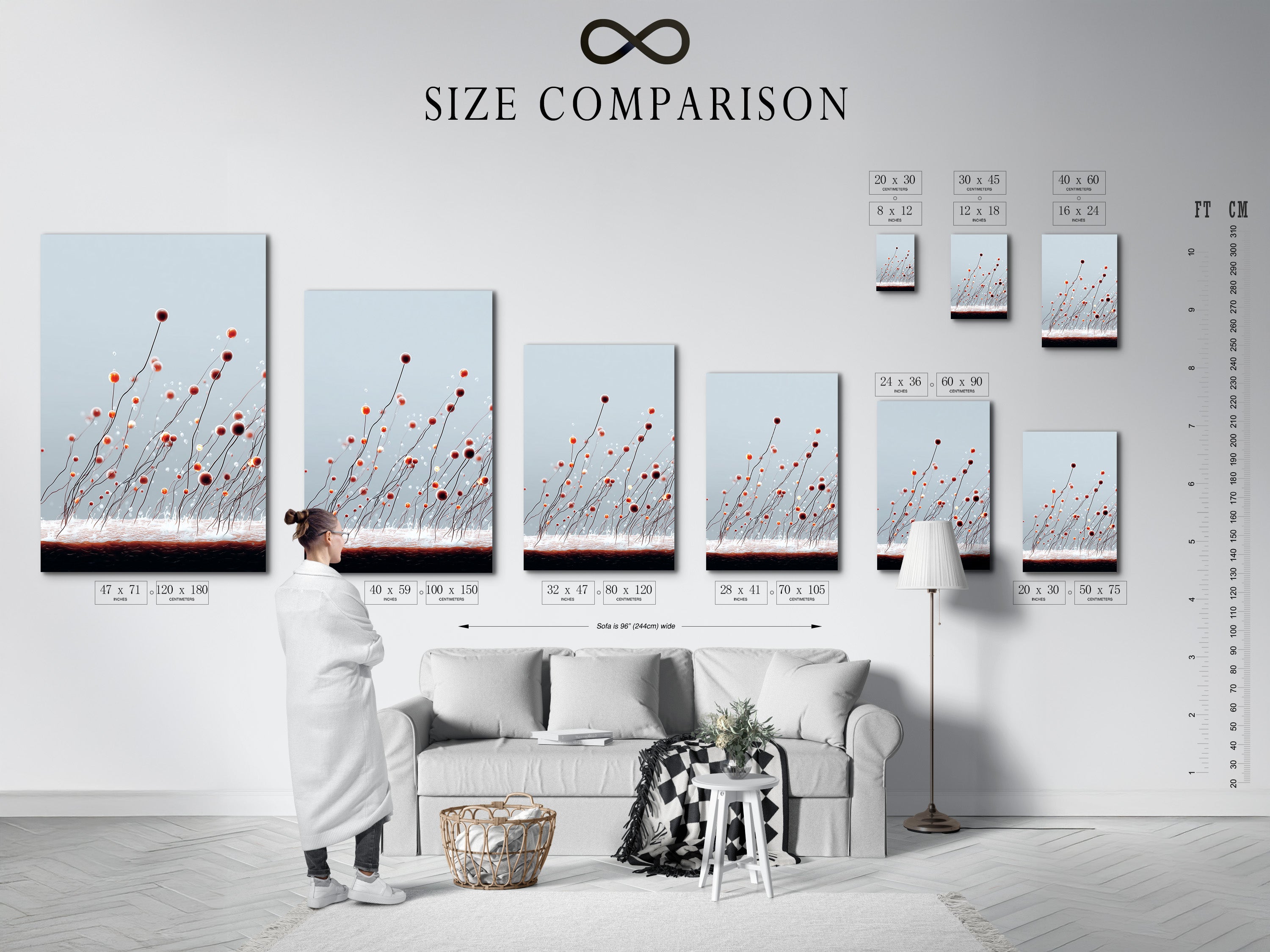 A size comparison chart in an interior setting. The chart helps visualize artwork dimensions. This is perfect for planning your space. Use our size guide to find the ideal artwork. Make informed choices.