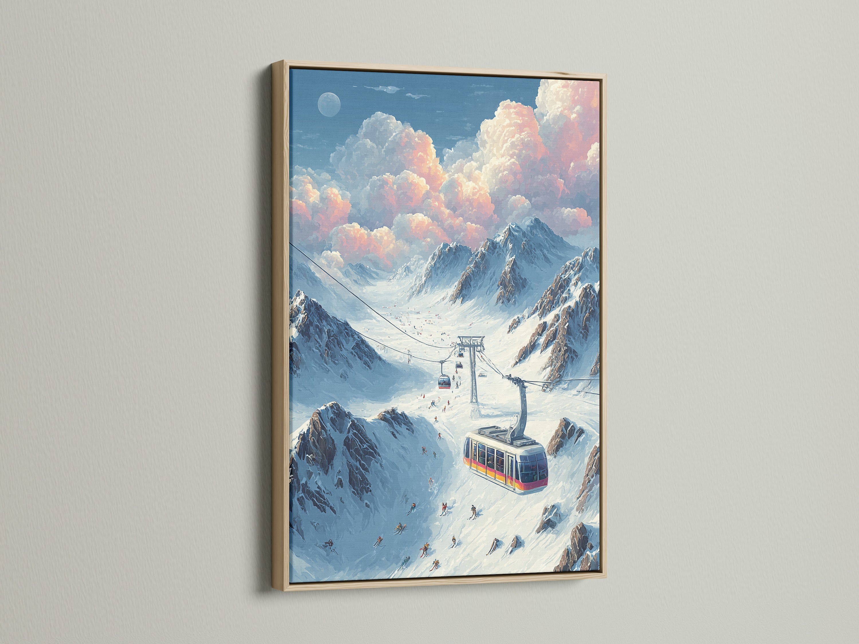 Vintage ski lift art print displayed in an oak frame. The artwork depicts a snowy mountain landscape with a ski lift in operation. This piece is ideal for adding a touch of alpine decor to living rooms or ski lodges. The artwork is ready to hang.