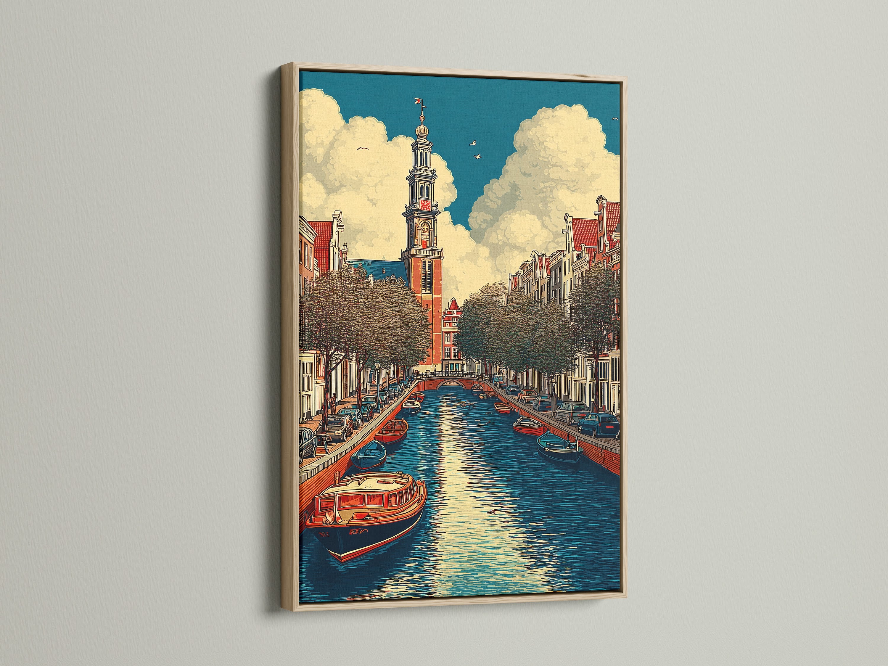 Stampa su tela del canale di Amsterdam - Arte murale con architettura olandese d'epoca, poster con paesaggio urbano europeo per l'arredamento del soggiorno