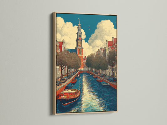 Amsterdam Canal Canvas Print - Vintage Dutch Architecture Wall Art, European Cityscape Poster for Living Room Decor