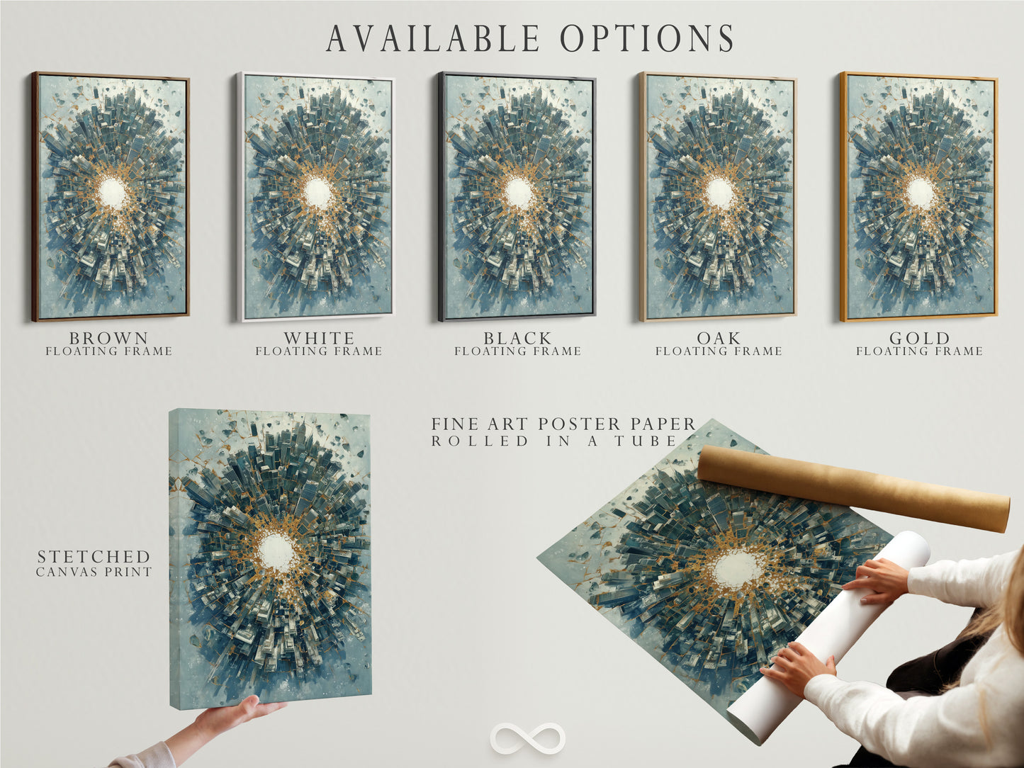 Available options for this abstract cityscape artwork. Choose from a stretched canvas print a fine art poster paper or a floating frame. This urban skyline tunnel art features a modern blue and gold print. Customize your artwork to match your decor preferences.