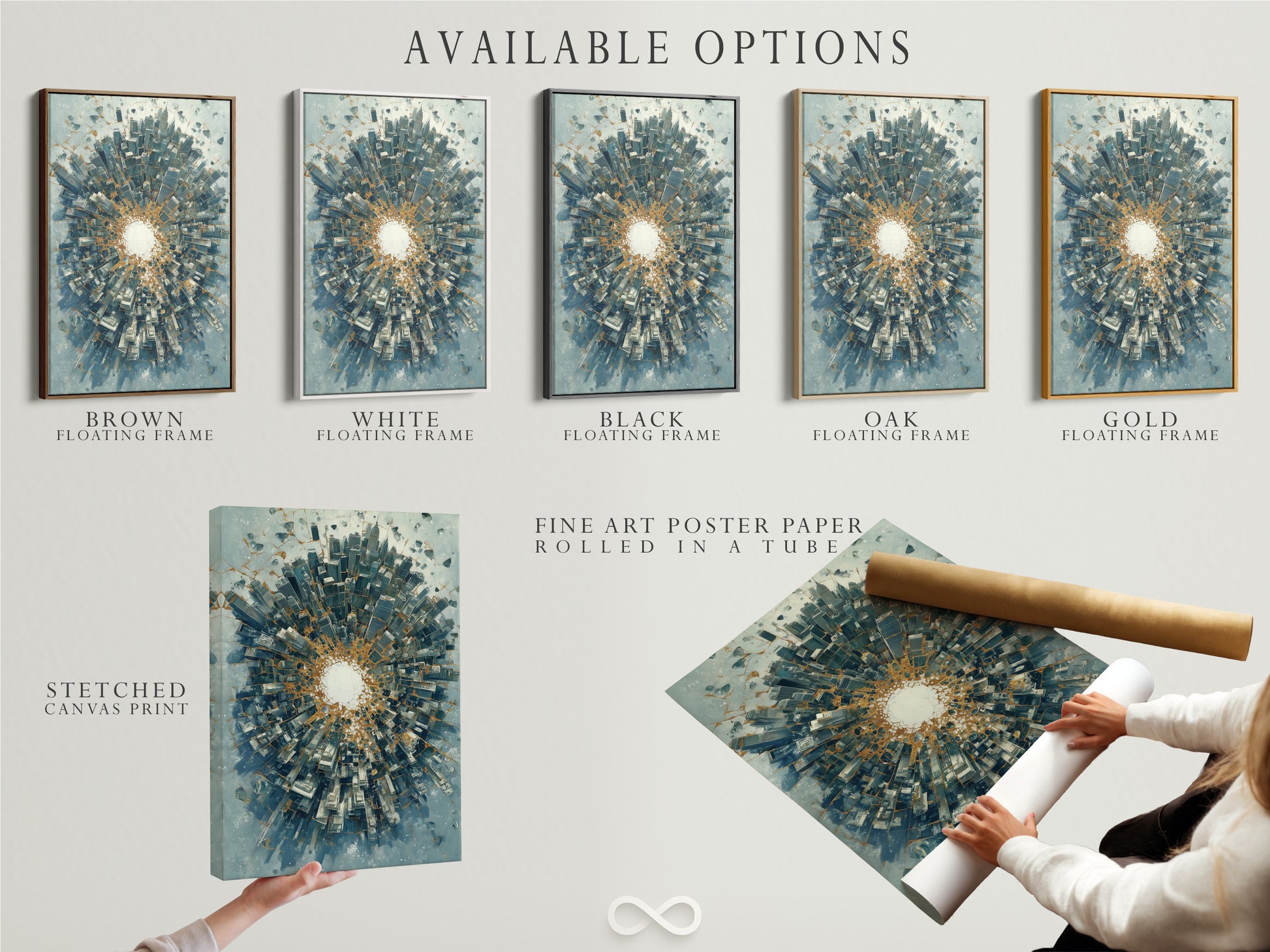 Available options for this abstract cityscape artwork. Choose from a stretched canvas print a fine art poster paper or a floating frame. This urban skyline tunnel art features a modern blue and gold print. Customize your artwork to match your decor preferences.