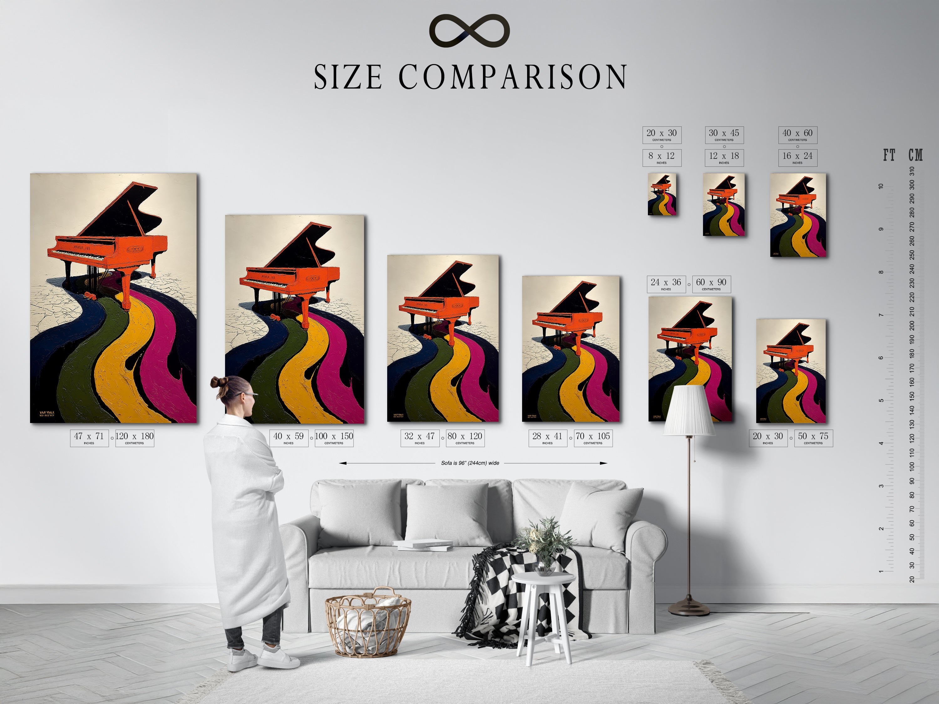 Size comparison chart displayed in an interior setting. The artwork is a grand piano with a rainbow music theme. Eclectic wall decor for music rooms. Vibrant art print for studio wall decor. Perfect for homeowners and interior designers.