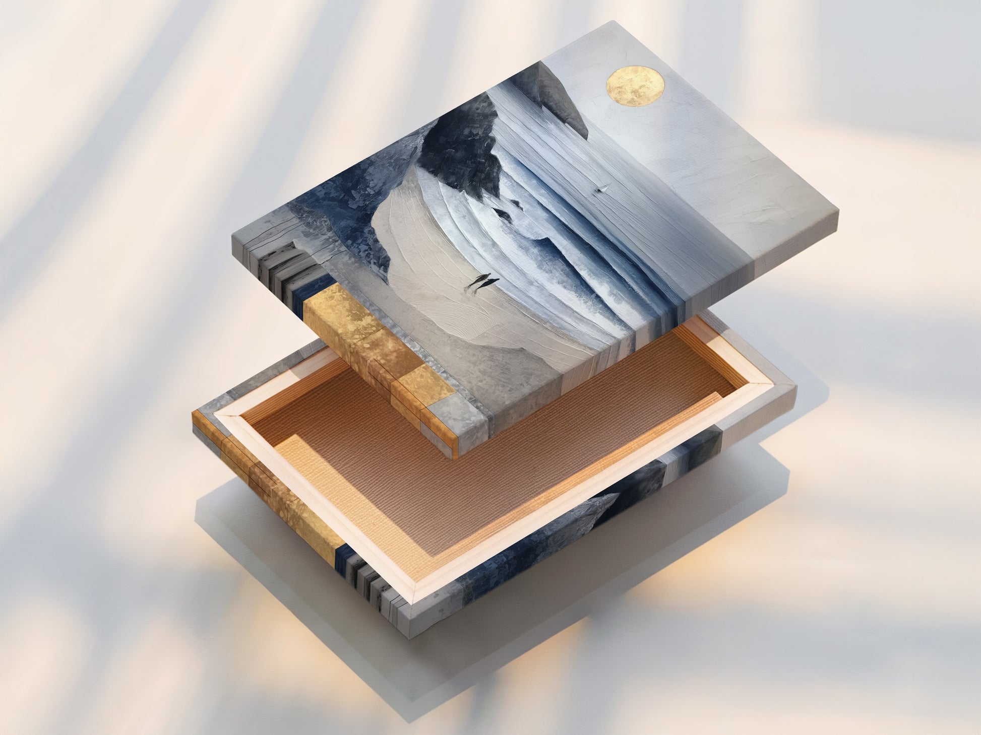 Stretched canvas print displays vibrant coastal artwork. The seascape print wraps around the frame. Ready to hang and enjoy as modern art print. Stretched canvas ensures a gallery-quality ocean canvas.